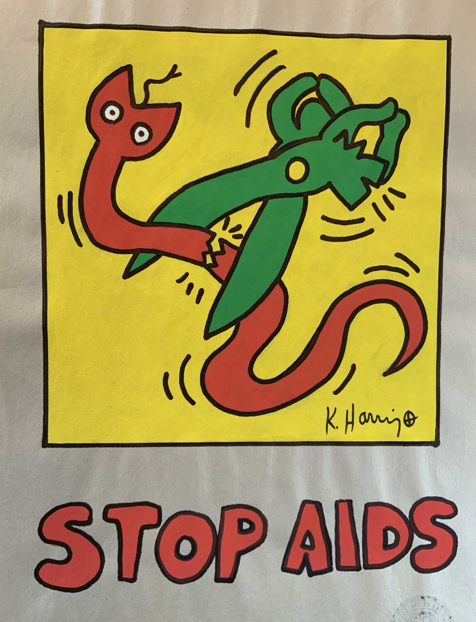 Signed Stop AIDS Ink Watercolor after Harring: Signed Attributed to Kieth Haring , In the style of Keith Haring, scissors and snake image on paper with Stop AIDS Graphics, stamp on back reads authorized by the estate of Keith Haring , KH, Keith Ha