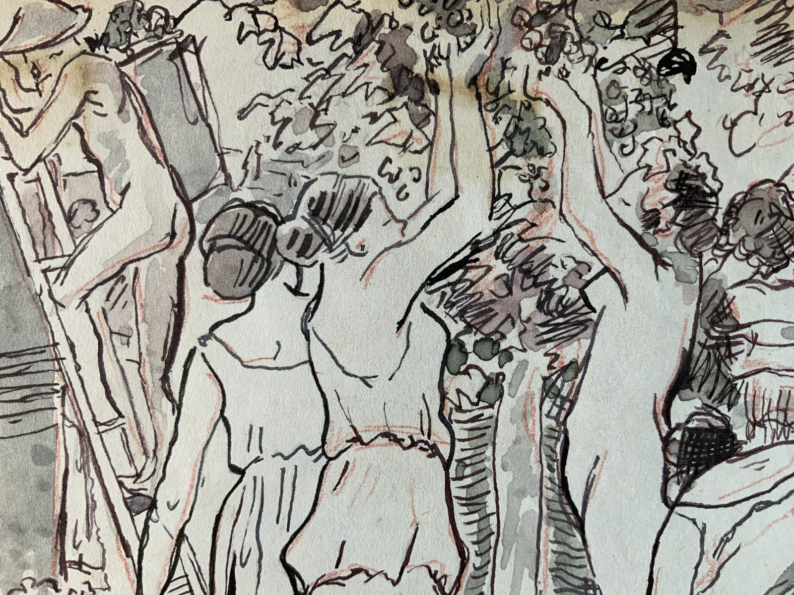 ink water color on Paper after Camille Pissarro,: CP signed work on paper, unframed piece measures 7.5 by 9 inches, subject depicts festive grape harvest, bacchanalia, harvest celebration, nude figurals, bunches of grapes, barrels of grapes, signific