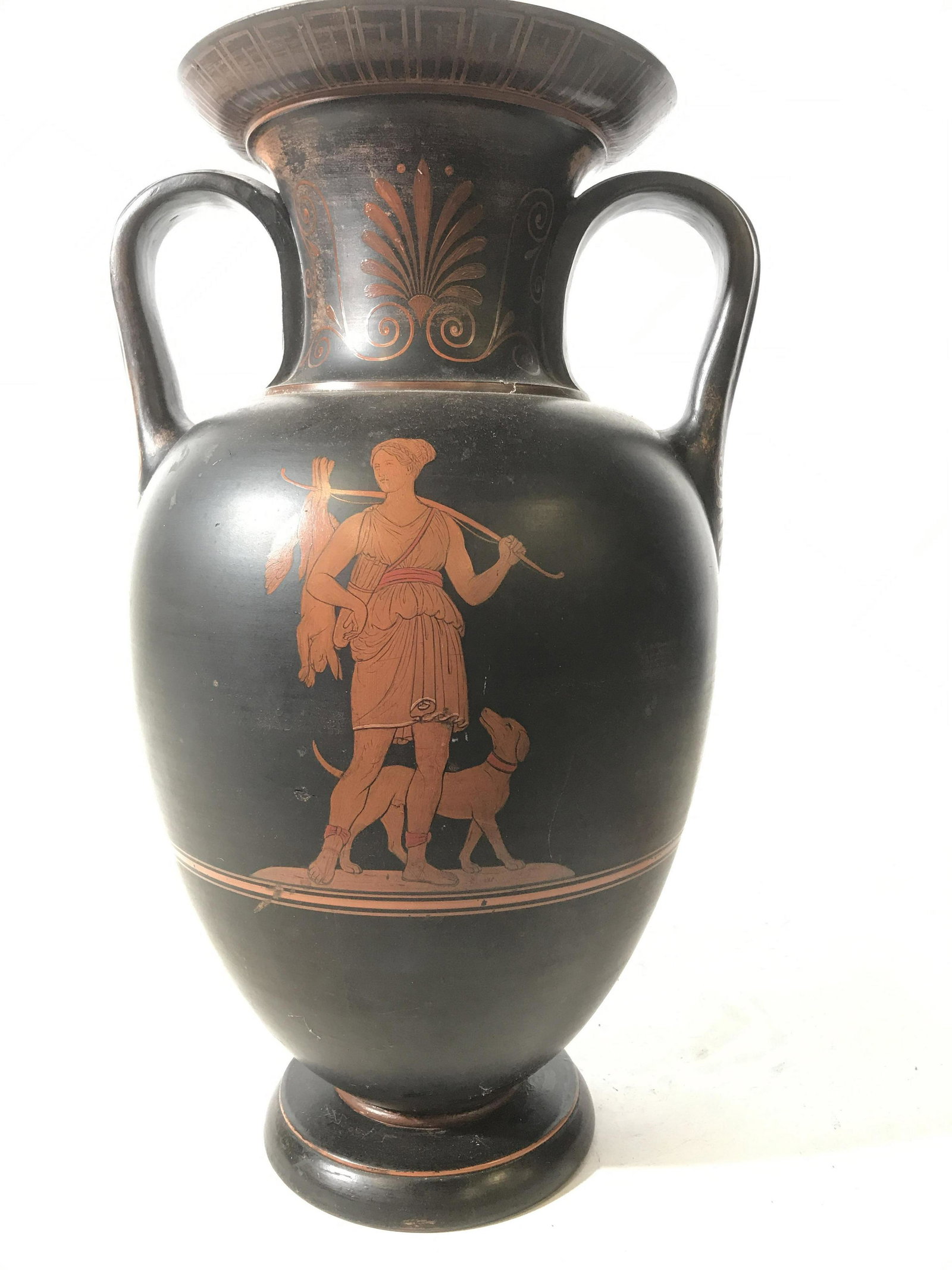 Signed Ceramic Greek Amphora Vase Vessel: Hand painted Classic style Greek ceramic vase with Figurals, dogs, geometric design, signed underside illegibly, decorative arts, measures app 16.5 inches ht diameter app 11 inches