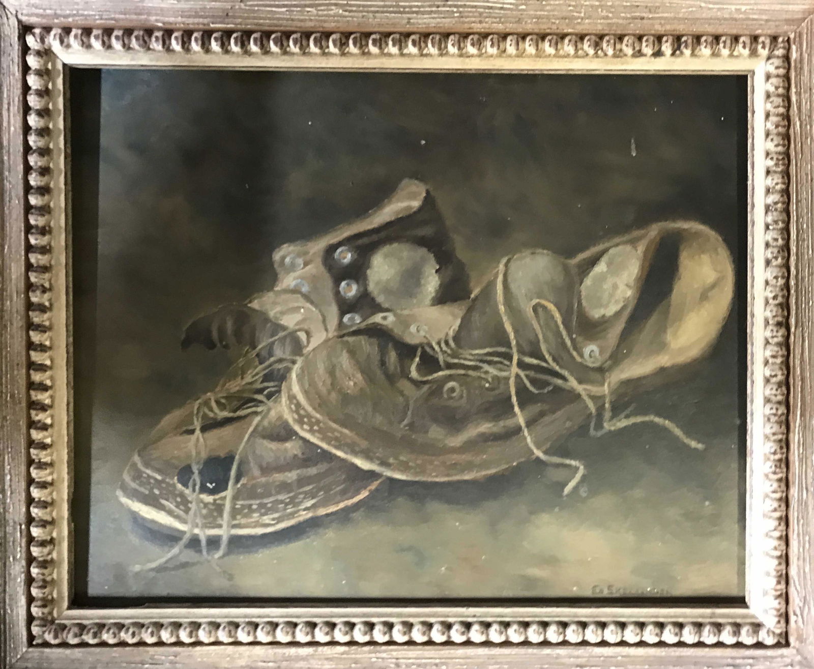 Ed Skellender Oil Painting on Canvas Board: Signed lower right, painting depicts still life of worn in sneakers or shoes, wide wood frame, piece measures app 12 by 14.5 inches, fine art, painting, contemporary art, still life