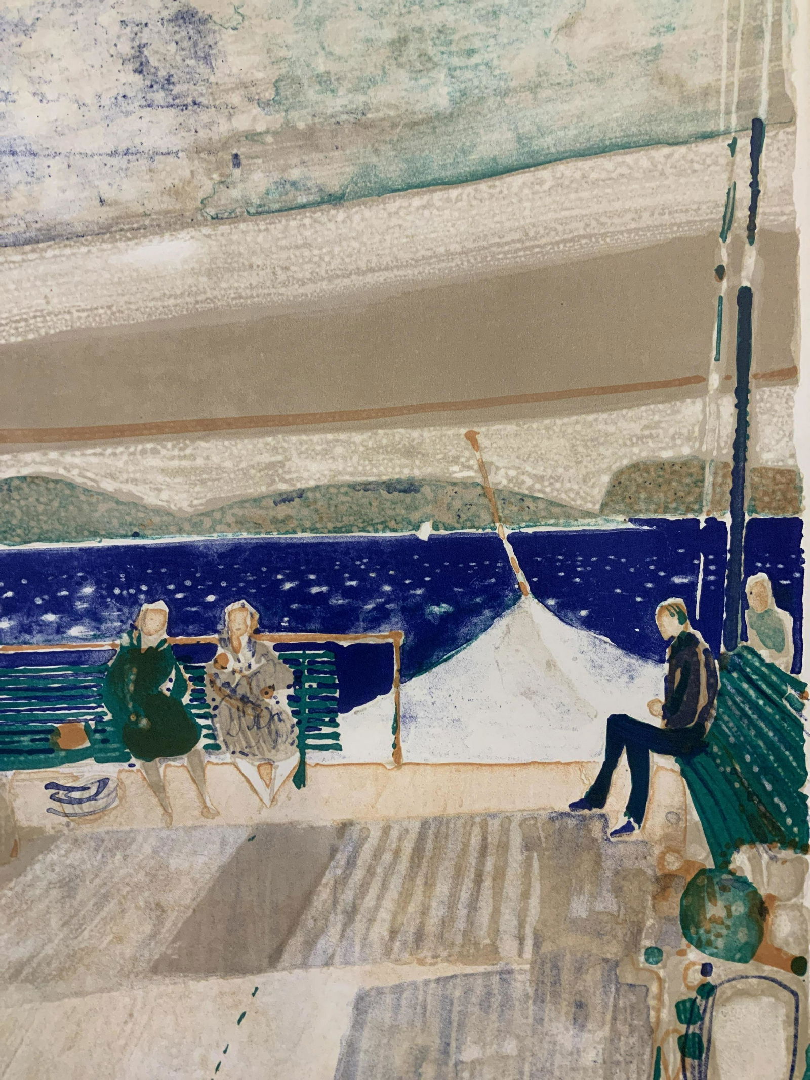 Signed Limited Edition Lithograph by Rene Genis: Titled on Reverse Mer Egee, signed limited edition lithograph on paper, signed in pencil lower right corner Rene Genis, edition in lower left corner in pencil 45/75, tan color palette with blue and gr