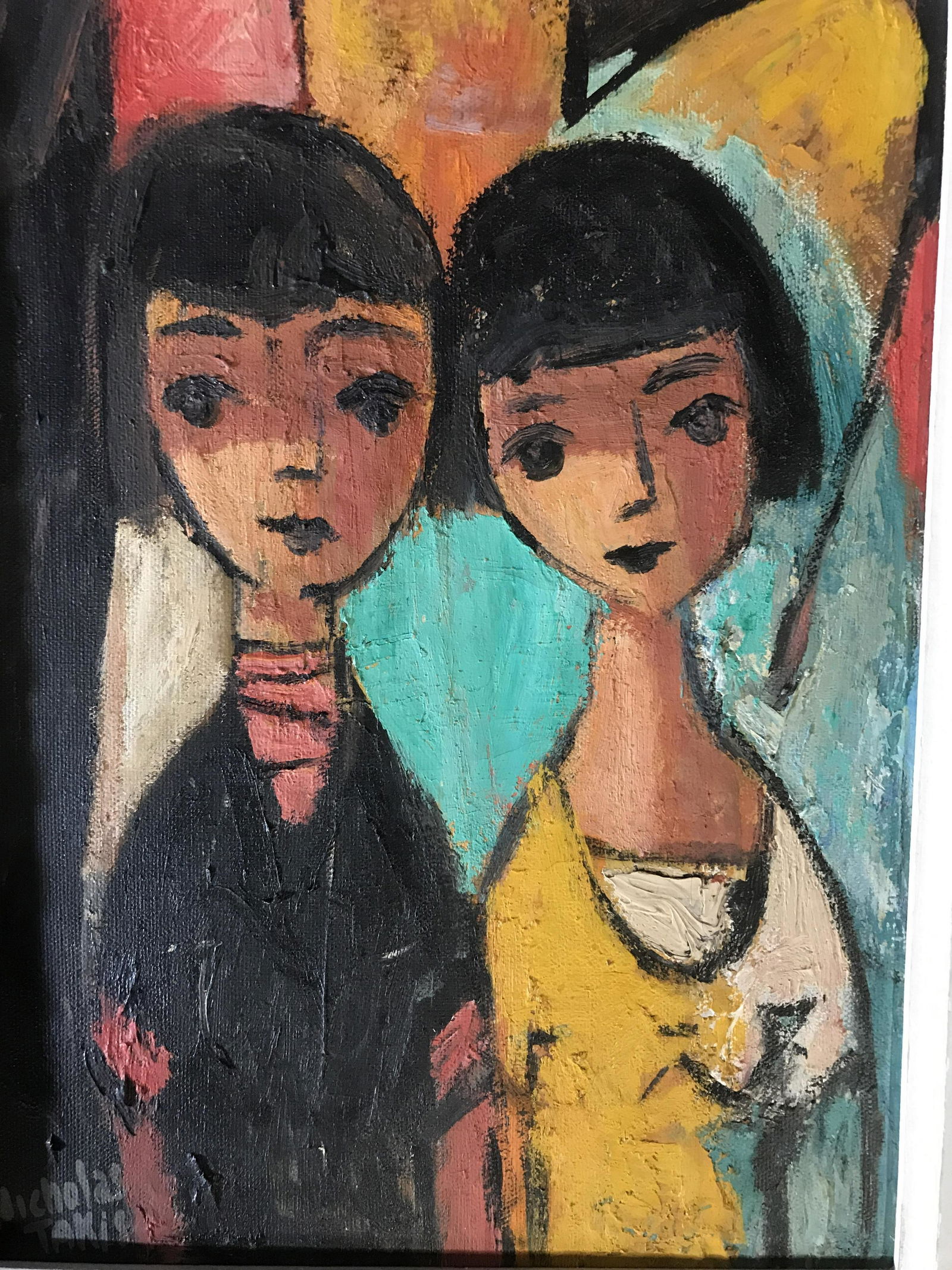 Nicholas Takis Gouache on Canvas Artwork: Signed painting Nicholas Takis , Guache on canvas, in ornate carved Gold leafed frame, stamp on back of frame readsGrum Bacher 12 New York, measures 17 by 14 inches Nicholas Takis1903-1965, American P