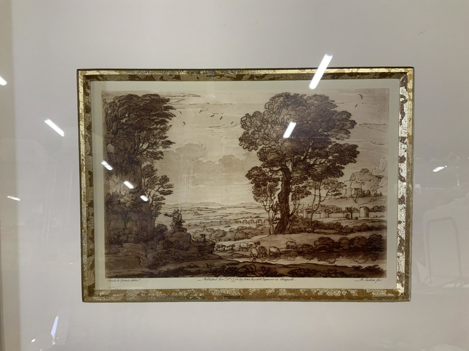 Sepia tone Print of Pastoral Landscape: Sepia tone print of pastoral landscape, text lower right corner reads R. Earlom feat., lower center text reads Published Dec.3rd 1776 by John Boydell Engraver in Cheapside, text lower left corner read