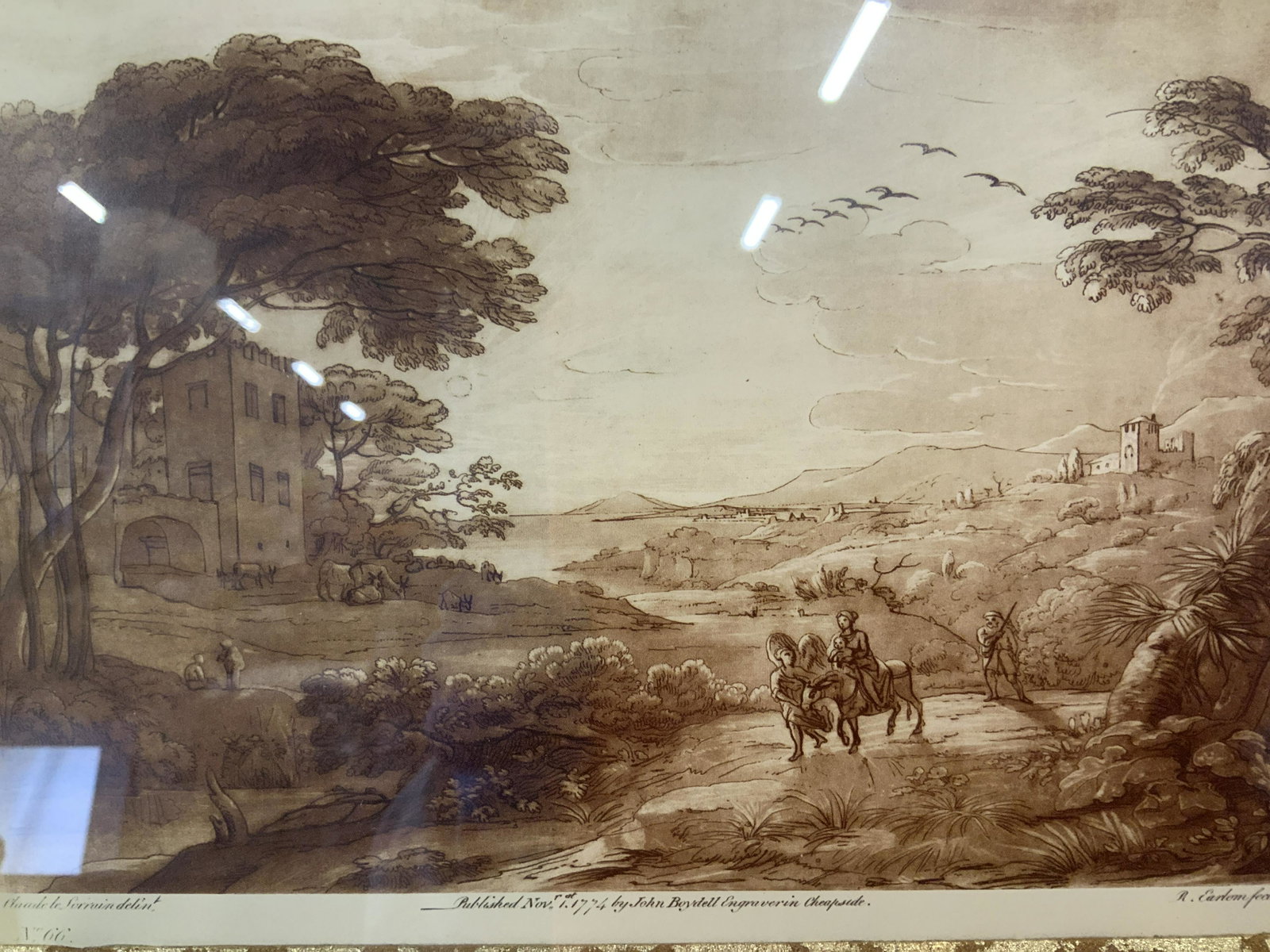Sepia Tone Print of Pastoral Landscape: Sepia tone print of pastoral landscape, text lower right corner reads R. Earlom feat., lower center text reads Published Nov.1st 1774 by John Boydell Engraver in Cheapside, text lower left corner read