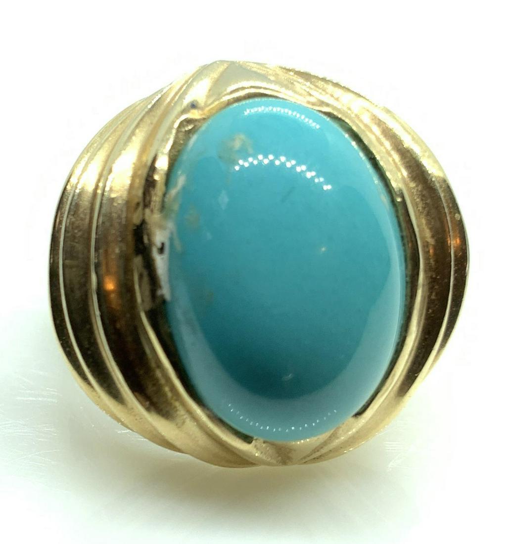 MAZ Signed Gold Tone Cocktail Ring: Art Deco Style with composite aqua toned cabochon style center, , fashion jewelry, estate jewelry, vintage jewelry