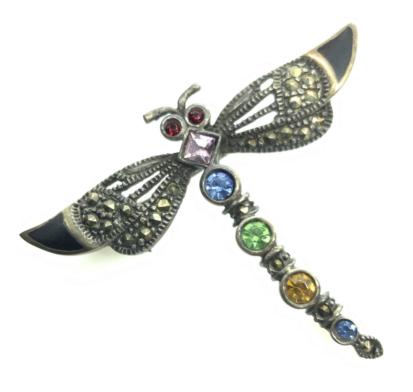 Sterling Silver Dragonfly Brooch W Tourmaline: Vintage possibly antique pin, brooch, jewelry, sterling silver, Marcasite and colored tourmaline stone Insets Of pink clear citrine and amber, measures app 2 by 2 inches, total weight 3.6 dwt, estate 