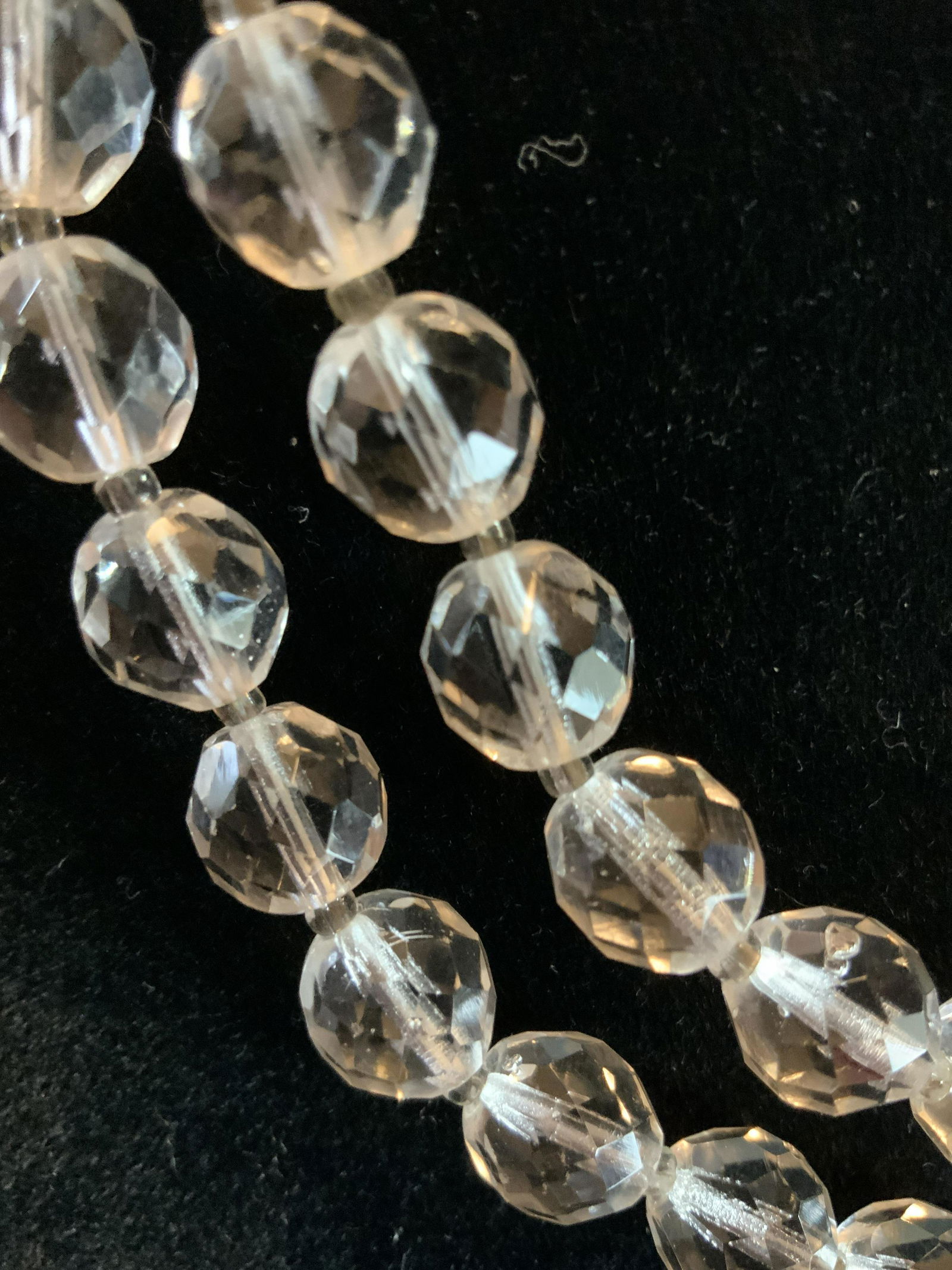 Miriam Haskell Designer Vintage Necklace: Faceted clear glass or composite bead Necklace, tag for Miriam Haskell, full length open measures 18 inches drop, can be doubled for additional look clasp and dangling tag read Miriam Haskell, estate