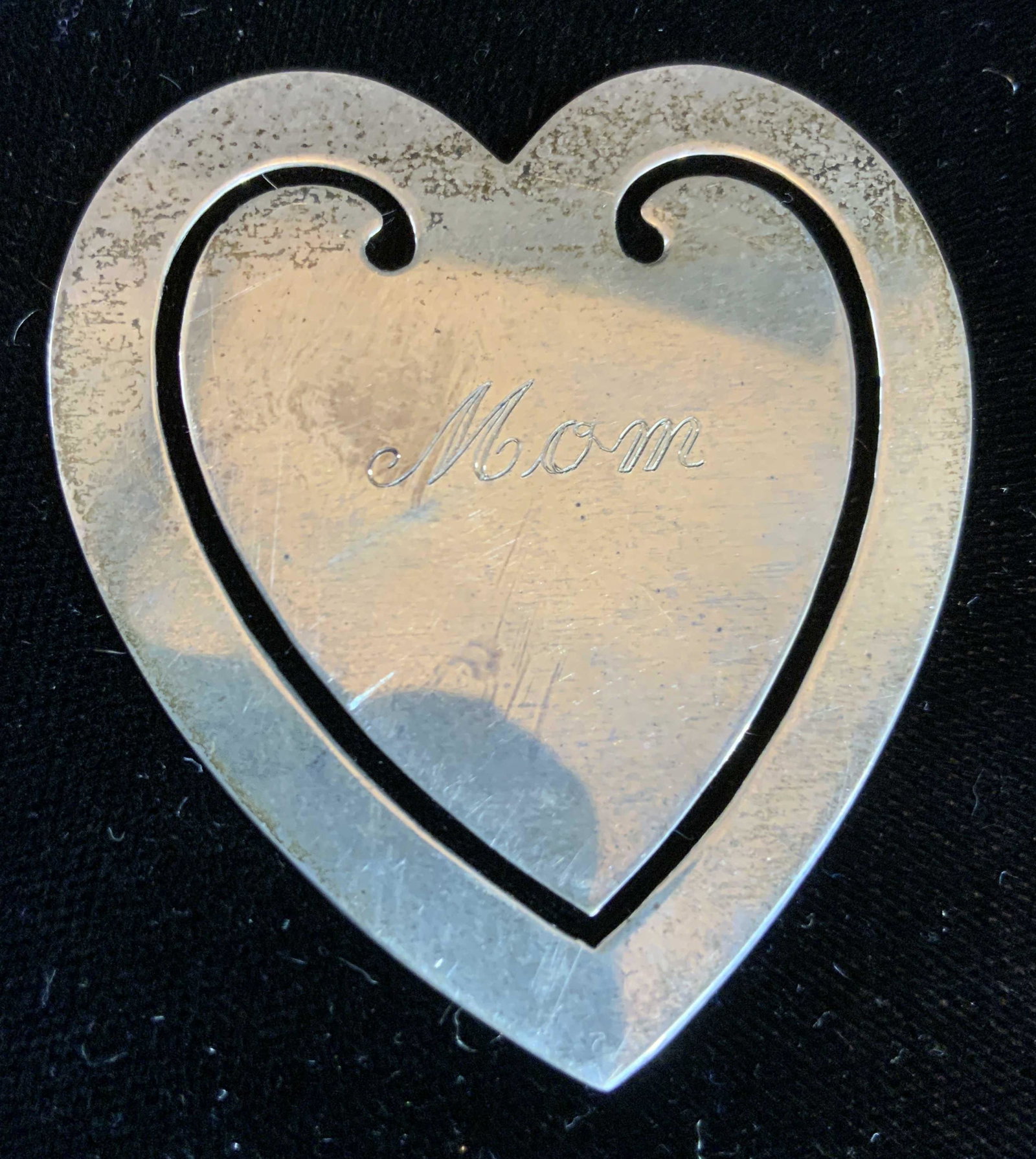 TIFFANY & CO Sterling Silver Book Mark: Engraved Mom and dated 2 14 73, vintage sterling silver Tiffany jewelry, measures app 2.5 by 2 inches, weight 4.7 dwt, property of Manhattan Estate