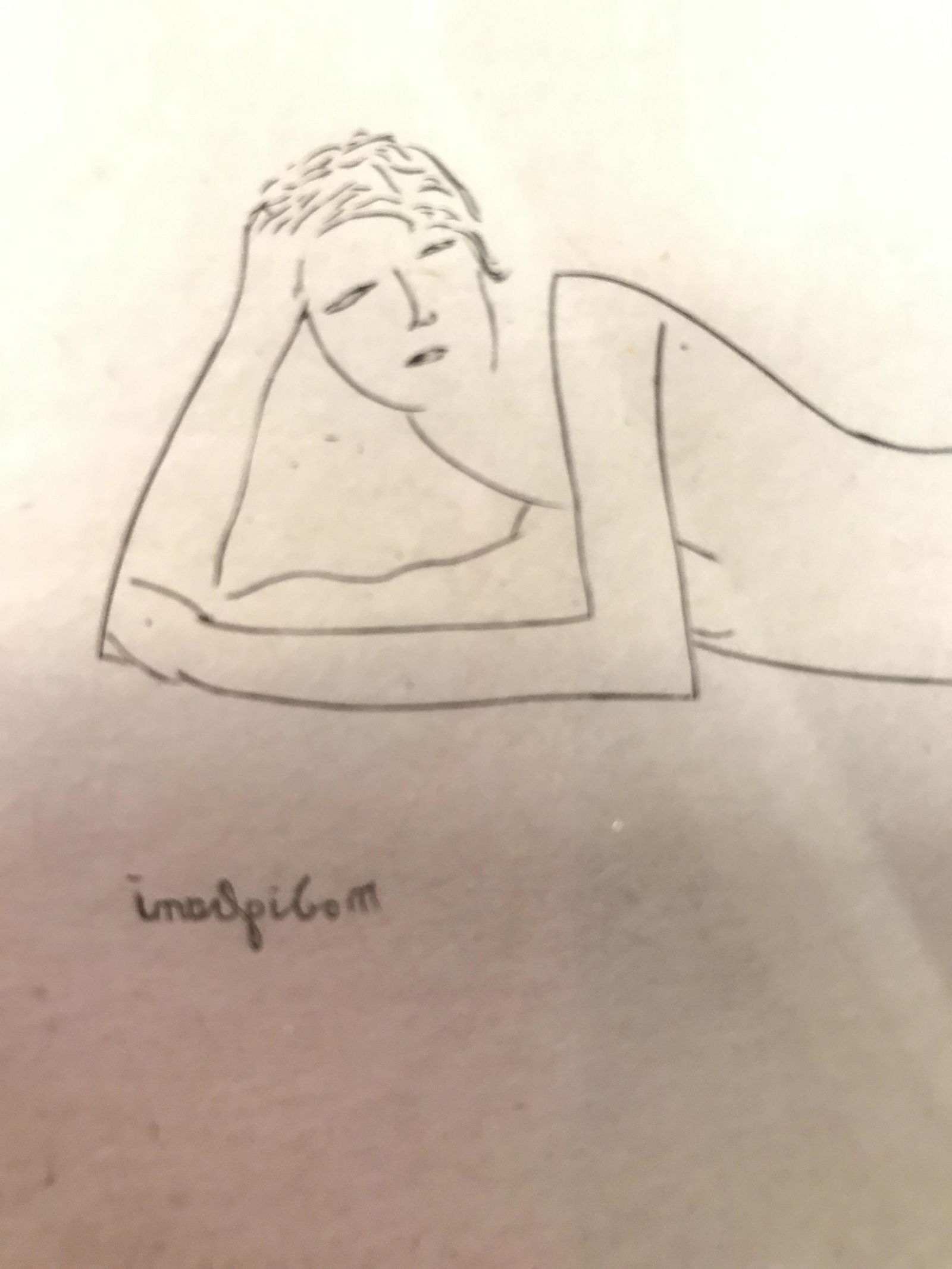 Etching of Reclining Nude by Amedeo Modigliani: Signed backwards in lower left, Etching of reclining female nude, framed measures 10.5 by 12 inches,reclining nude matted and framed behind glass, signature on plate, reversed, property of Manhattan E