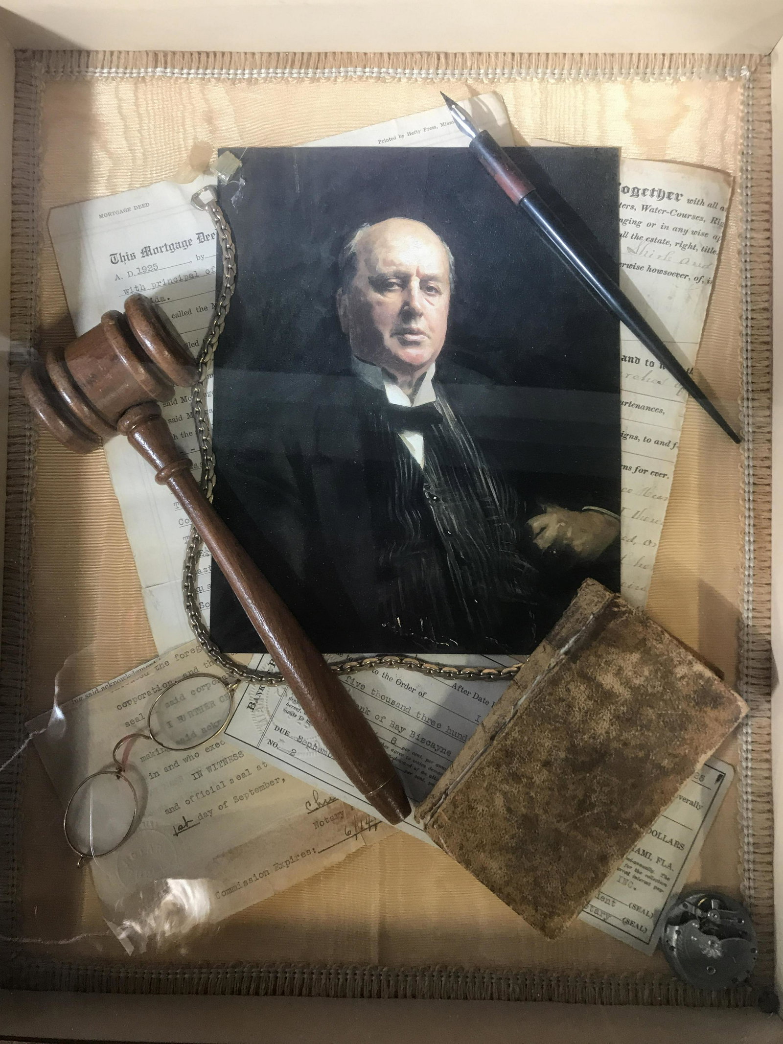 Antique Mixed Media Objects Shadow Box: Piece measures app 20 by 17 inches and three inches depth, in boxed frame under glass artfully arranged objects of possibly man in portraits life, center is portrait of a gentleman surrounded by ephem