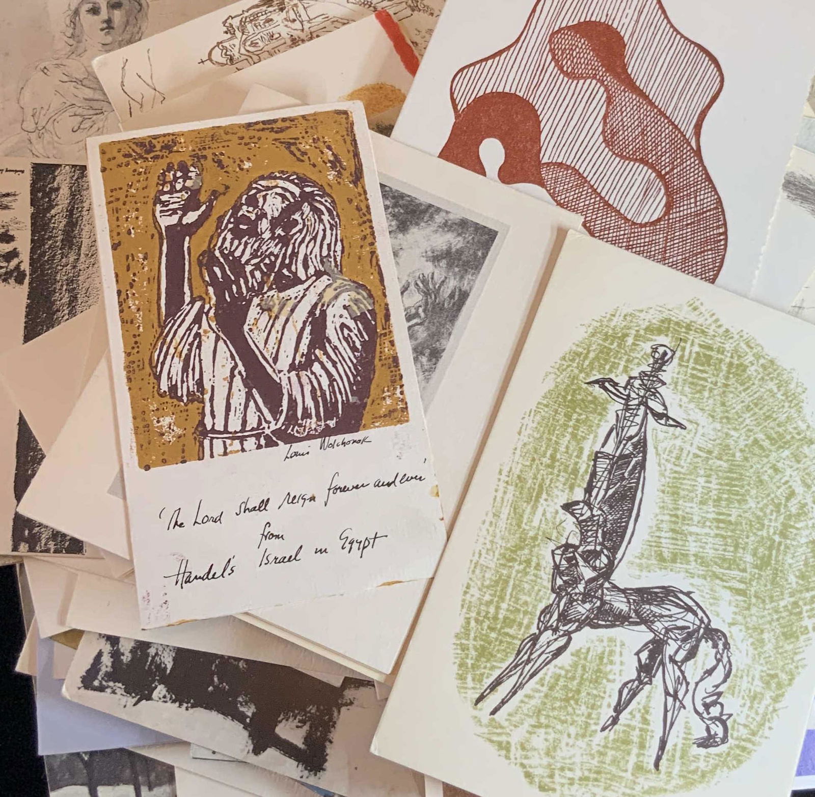 Group Lot 70 +Artist Signed And Hand Drawn Cards: Over 70 cards, Collection of holiday cards from known artists, some with hand drawings, wood cuts, etchings, prints, saved by original owner who was a Psychiatrist to Milton Avery and and friend to ma