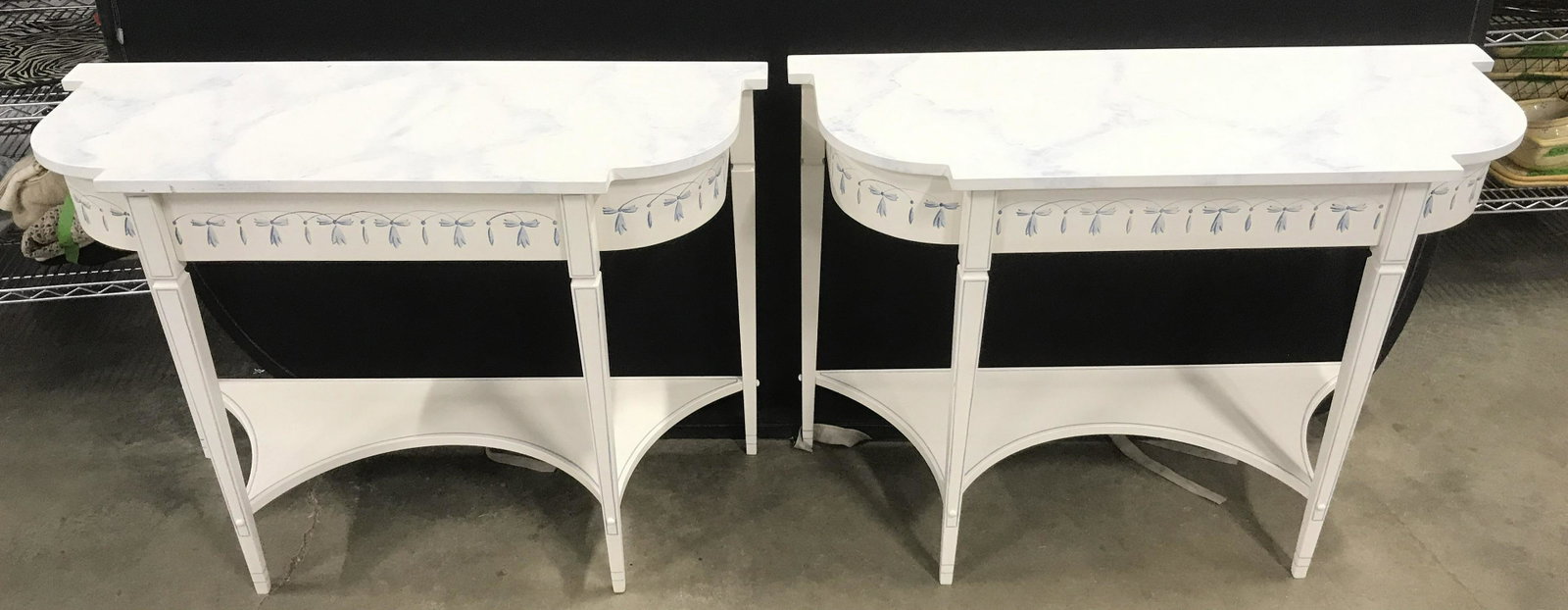 Pr Faux Painted Demi lune Tables: Pair of tables painted white with blue detailing, pin striping and faux marble top. Each with lower shelf, pair of end tables, side table night tables bedside tables, property of Wilton Conn Estate, e