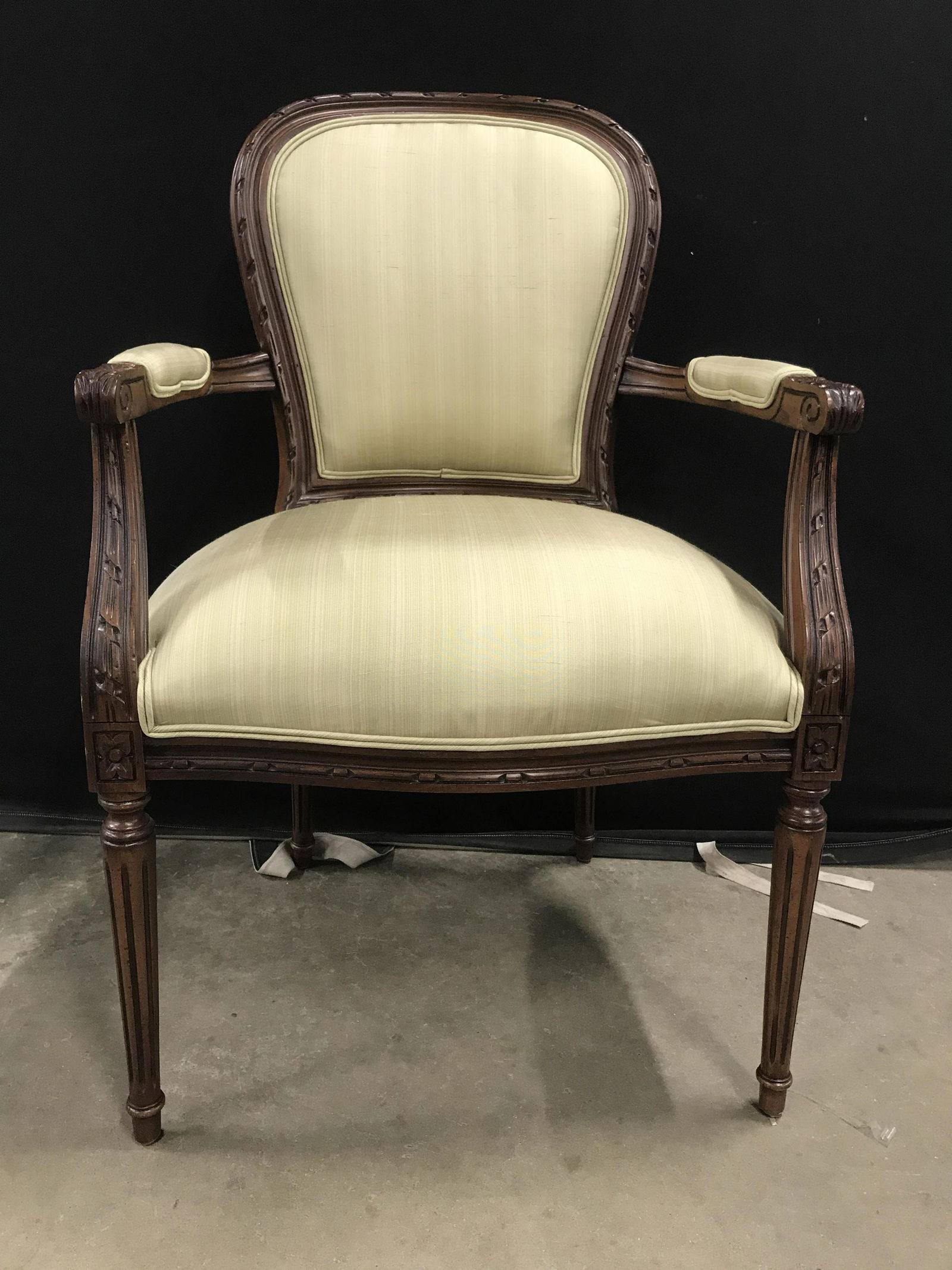 Ethan Allen Silk Upholstered Arm Chair: Good condition, country French style upholstered in Celadon green silk, tag for Ethan Allen, Arm Chair, Bergere, Side Chair, occasional chair measures ht 40 by 26 width by 22 inches depth app