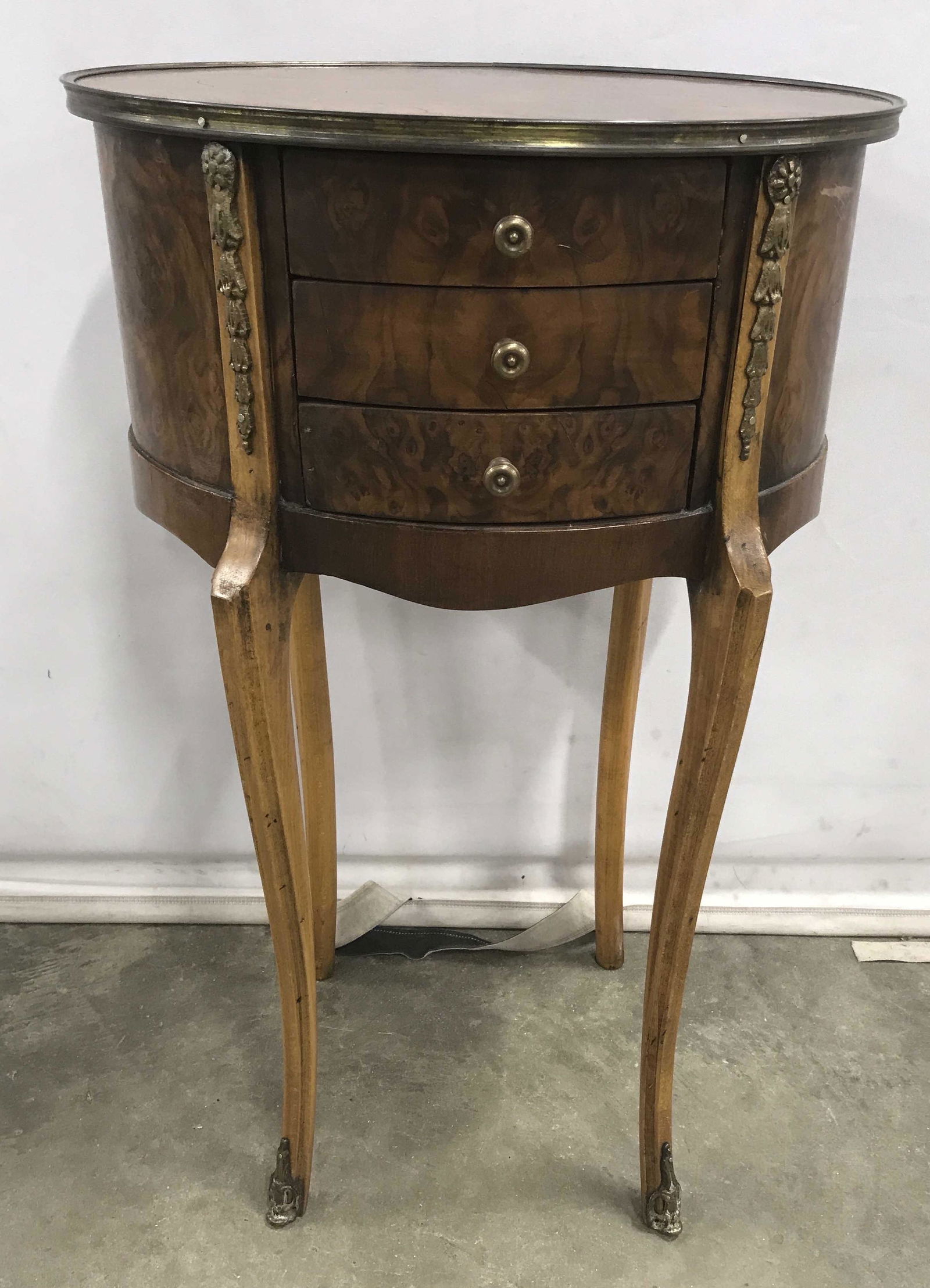Vintage Antique French Petite Salon Table: Possibly BURLED Wood Veneer ormolu detailing on sides and feet, delicate style oval 3 Drawer end table, side table, chair side table, occasional table, has gilded metal or poss brass fitted Gallery an