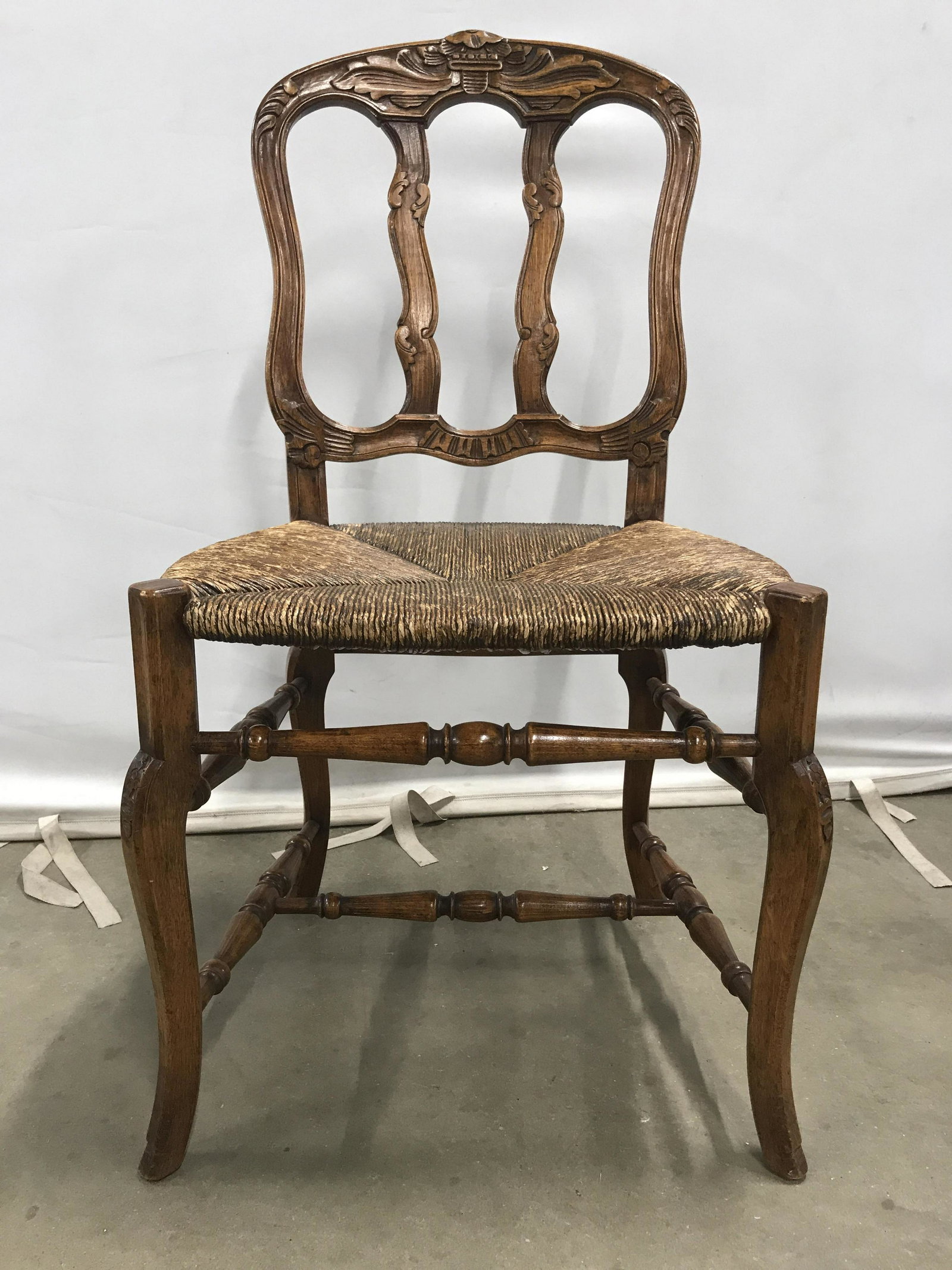Vintage Rush Seat Country Chair: Side chair, occasional chair, country chair, country French chair, possibly antique side chair, property of Wilton Connecticut Estate measures 36 by 19 width by 17 inches depth