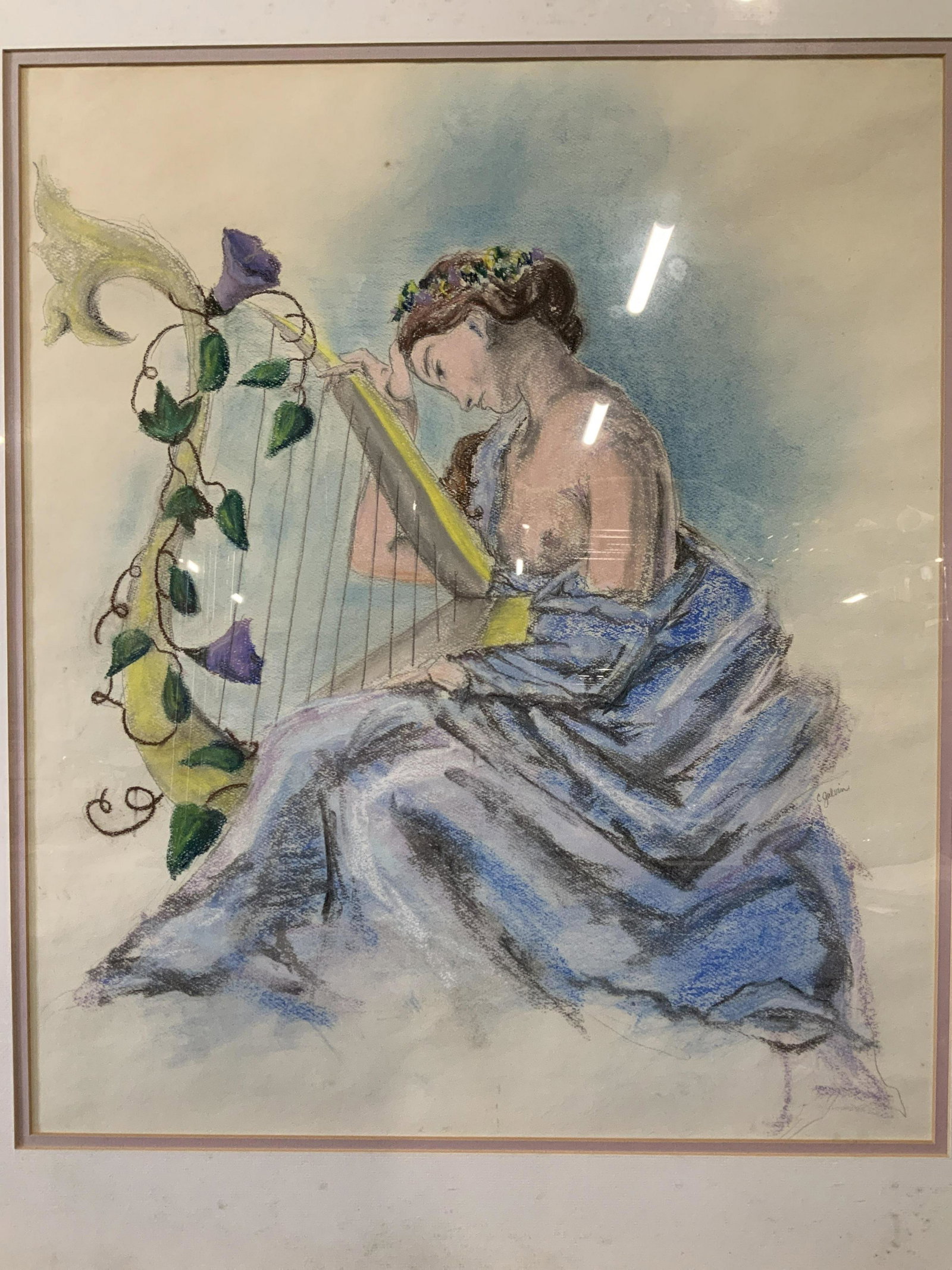 Pastel and Pencil Drawing on Paper: Pastel and pencil drawing on paper, subject depicts bare chested woman in blue fabric at a harp, bright blue color palette with yellow accents, possibly Grecian context, double matted in pink and whit
