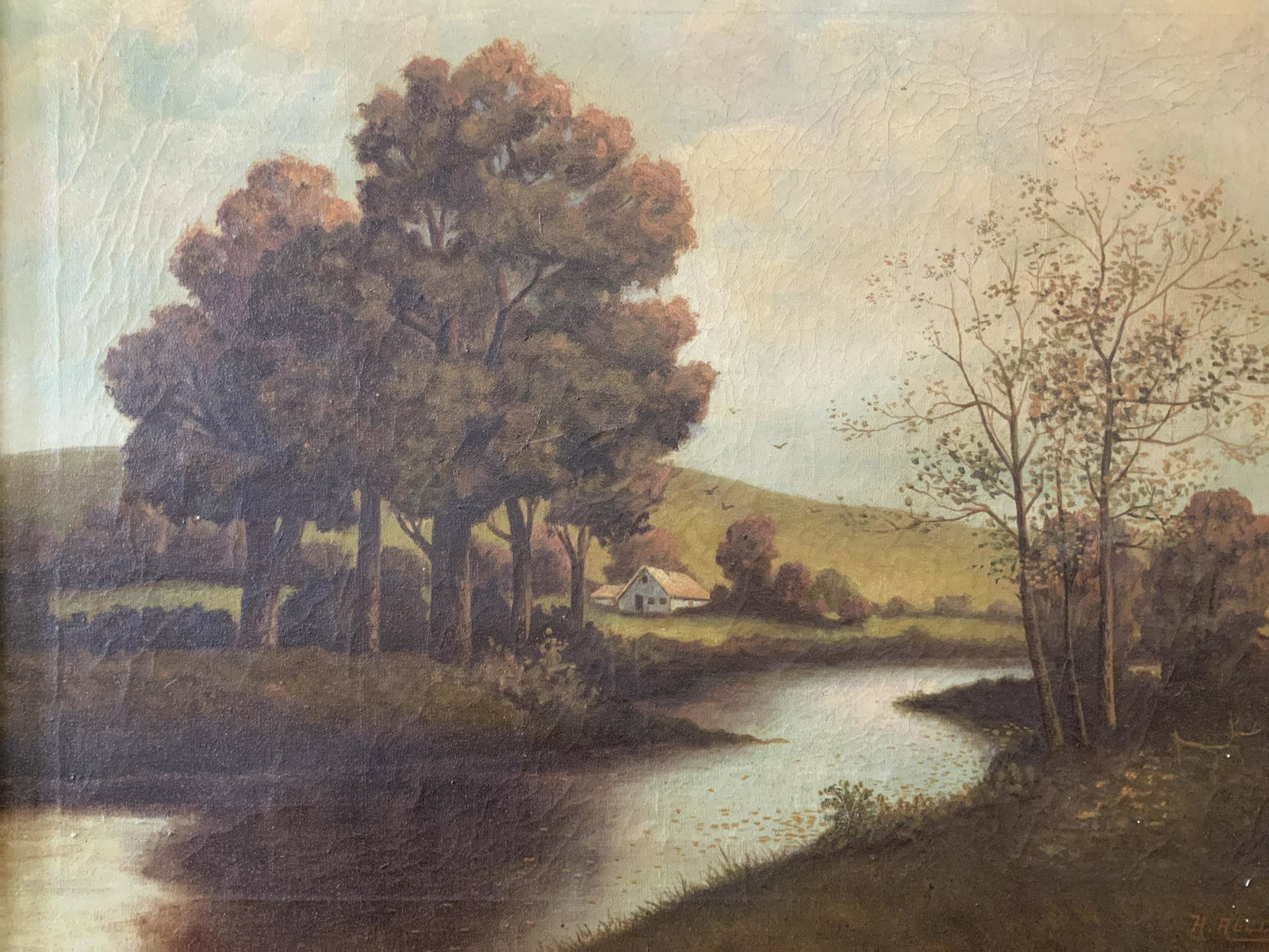 Signed Oil on Canvas by H.Alldack: Signed oil on canvas painting of a river cottage and rolling hills, date and signature in paint in the lower right corner H. Alldack 1931, classic American romantic style painting, some cracks to pain