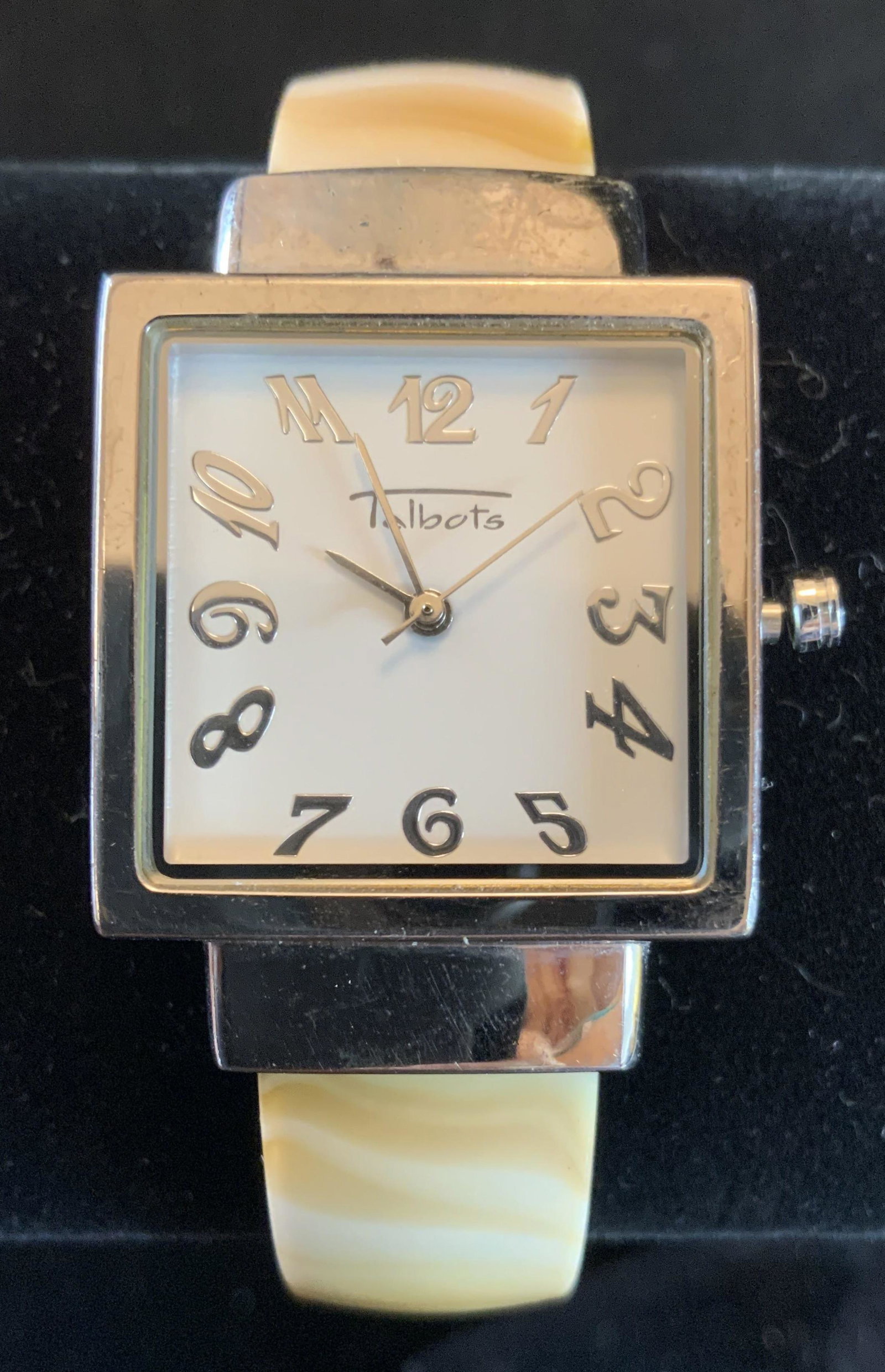 Talbots Hinged Bracelet Watch: Composite band, possibly Bakelite, Face marked for Talbots, band measures app 2 inches inside, vintage jewelry, fashion watch, estate jewelry