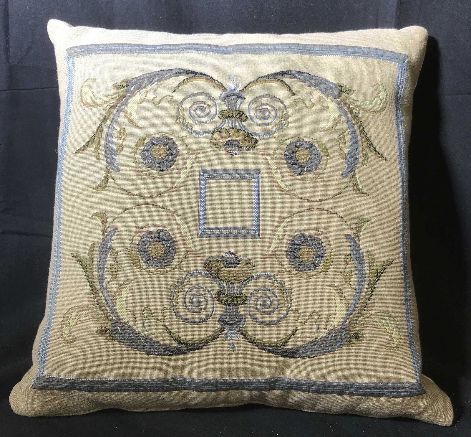 Yves DELORME France, Designer Toss Pillow: Good condition, label reads Yves Delorme Paris, by IOSIS, Made in France, designer textiles, toss pillow throw pillow decorative accessories 18 inches square, pillow possibly linen, petit point style,