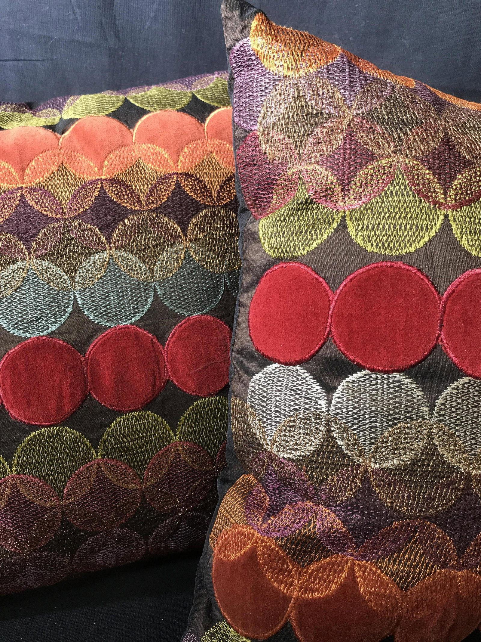 Pair Pier One Contemporary polka Dot Toss Pillows: Polka dot pattern, multi color multi texture, throw pillows, decorative accessories, good condition, property of Wilton, Conn Estate, each measures app 15 inches square,