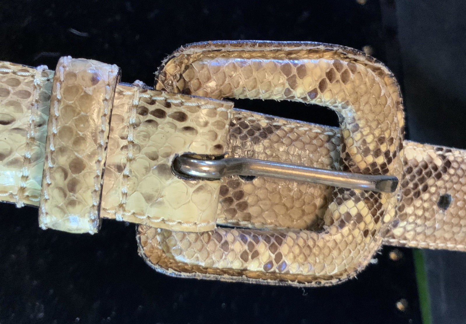 WCM NY Python Leather Belt, Made in USA: Marked for WCM New York, Python skin belt, textured in tones of yellow wheat and browns, measures app 38 inches, luxury fashion accessory, luxury belt, possibly never worn, good condition, comes with 