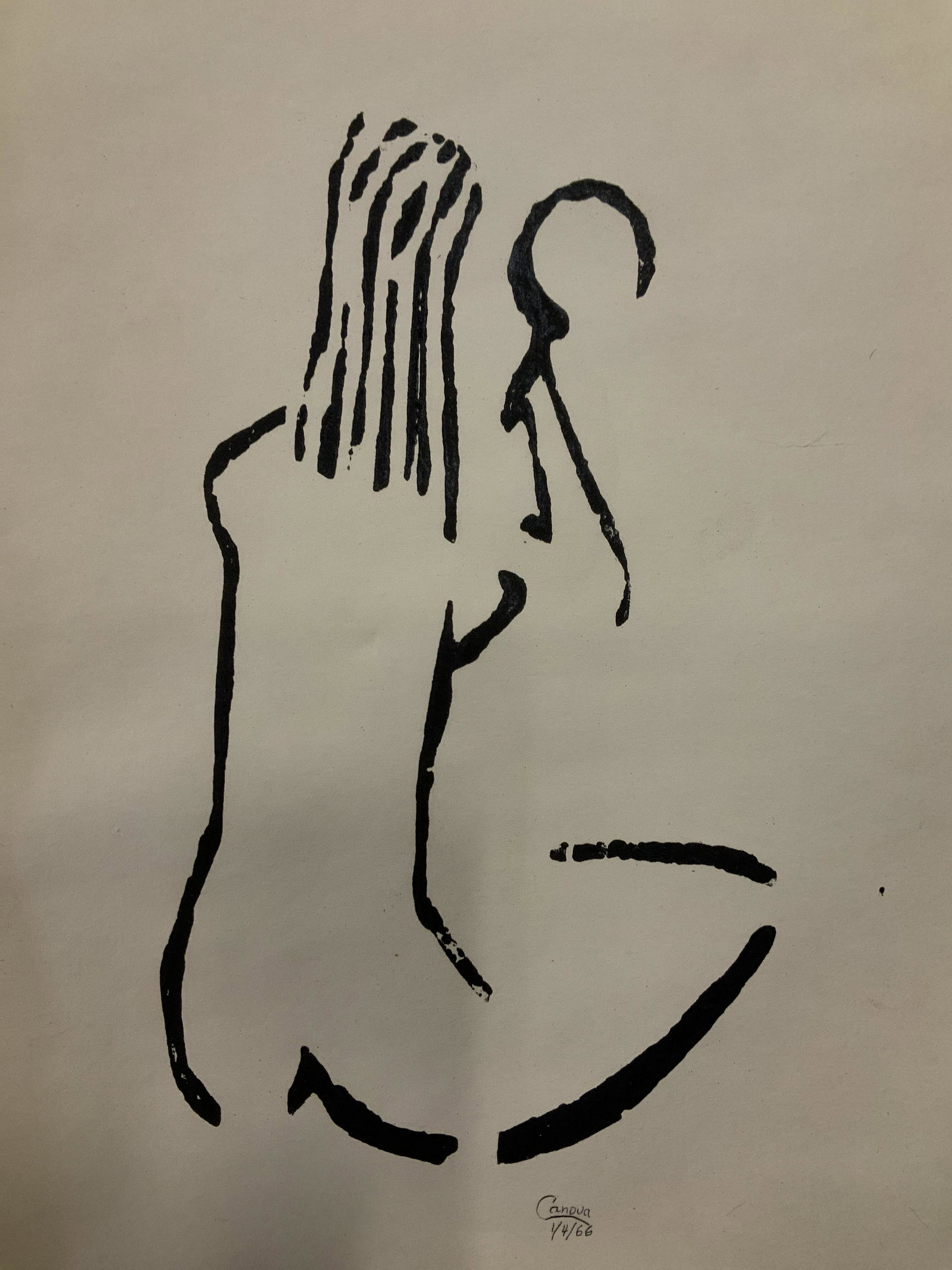 Signed and Dated Oil on Paper Abstract Painting: Oil on paper, minimalist abstract painting of seated figure, lower center signature and date read ‘Canova 1/4/66’, signature possibly a reference to the great artist Antonio Canova, minimal line w