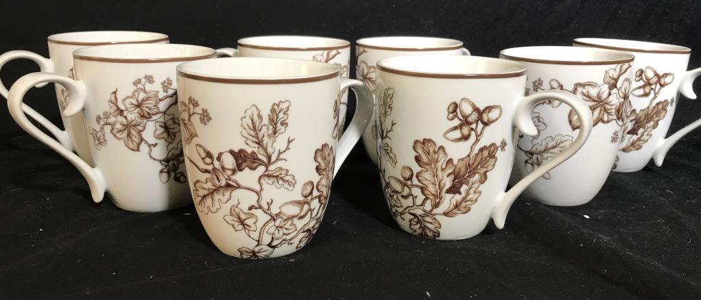 Set 8 Williams- Sonoma Chestnut Mugs: Oak Leaf & Chestnut Design On white porcelain coffee, tea mugs. 4 in. height, 3 1/4 in. diameter, 5 in. width. Dishwasher & Microwave Safe. No chips, marks, scratches. Like new. Earthenware, Coffee Mu