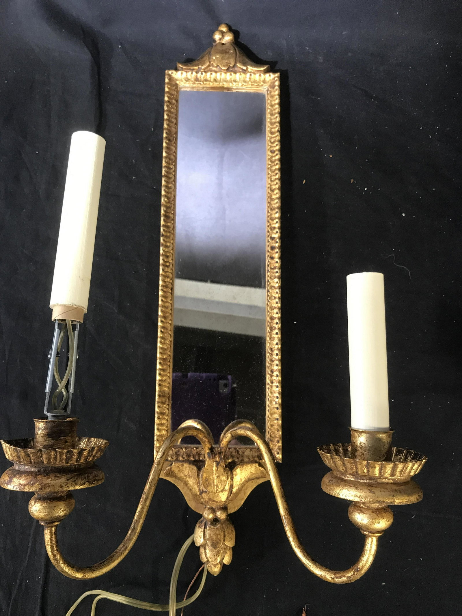 Pair VAUGHAN Designer Mirror Back Wall Sconces,: Made in England, England Luxury pair of Wall Sconces of Giltwood framing and mirror backs, with original tag for Vaughan, also labeled on back for a Vaughan, possibly never used, each measures app 21 