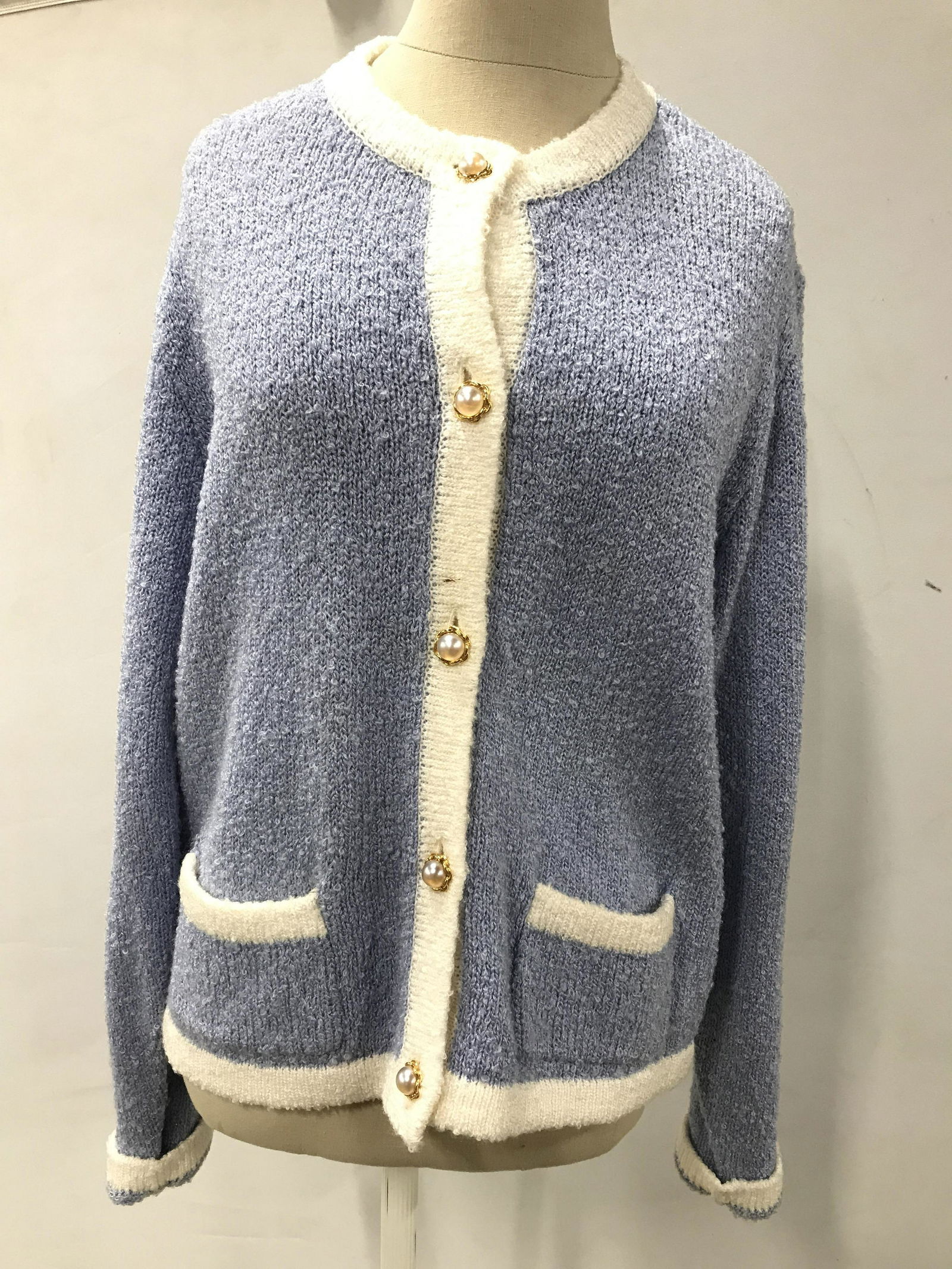 THE VERY THING Vintage Sweater: vintage periwinkle knit button down sweater with white detailing around the perimeter. Size Large. Vintage sweater, periwinkle sweater, vintage button down, vintage fashion, custom vintage, knit sweat