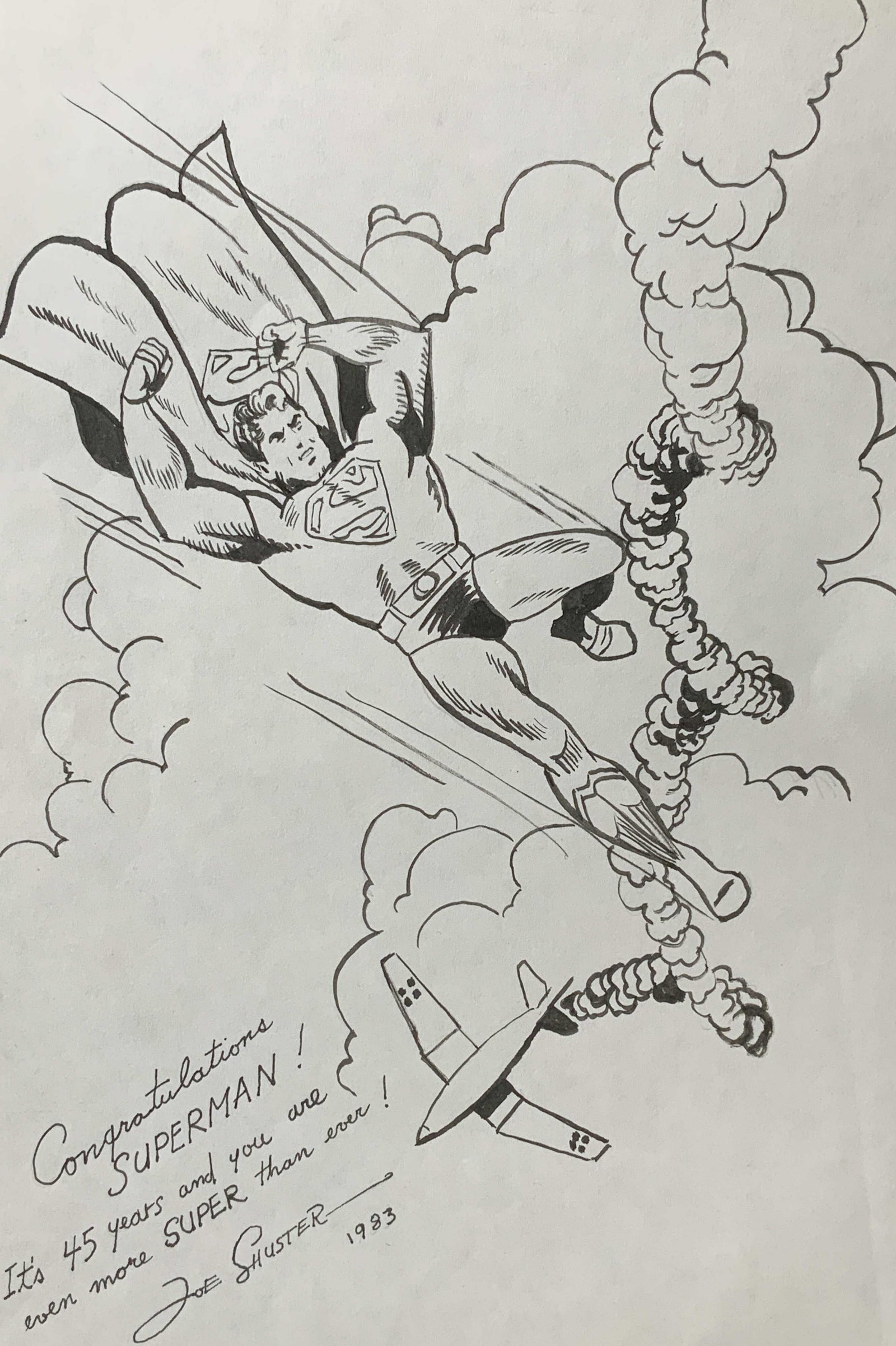 Signed Drawing of Superman AFTER Joe Shuster: Signed marker drawing on paper AFTER Joe Shuster, All lots that do not carry established documented provenance nor any past record of auction history record are described in the catalog as attributed 