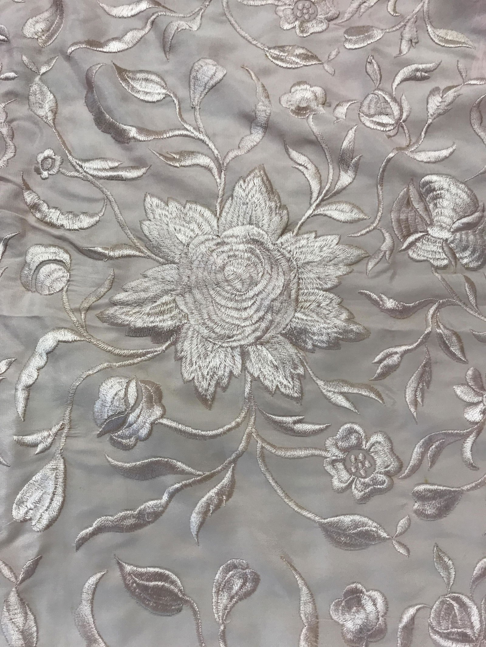 Vintage Hand Embroidered Silk Fringed Shawl: Vintage possibly antique silk shawl with hand embroidered floral design, has some staining, textile arts, measures without the 21 inch fringe app 47 inches square