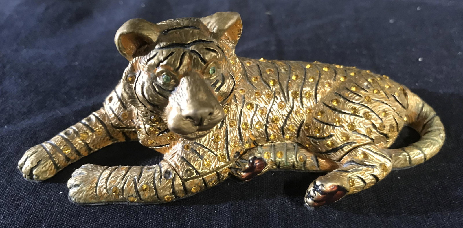 PERRY BORRELI Bejeweled Tiger Form Box: Signed underside for Perry Borealis, Tiger form lidded box, enameled and rhinestone Swarovski encrusted crystal detailing, desk top accessory, bling tableware, measures app 2.5 inches length app 6 inc