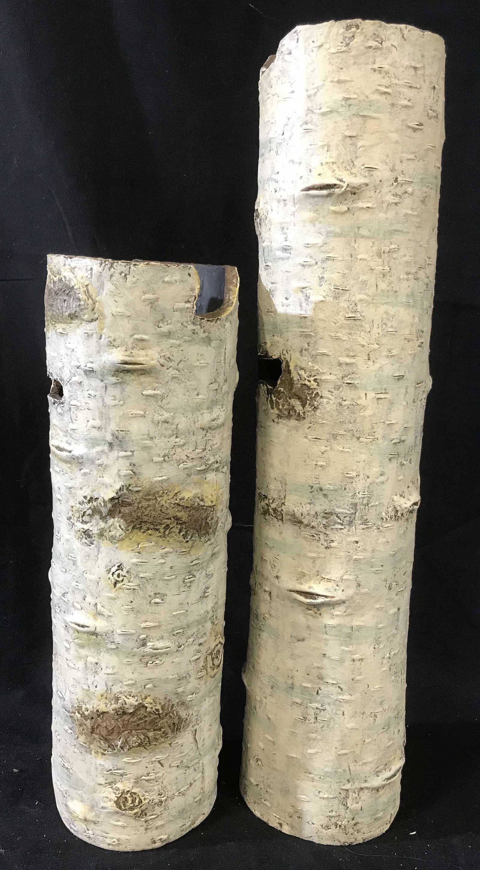 Pair Vintage Birch Tree Style Vases: crafted to resemble birch tree, appears to be ceramics, property of Antique Dealers Personal Collection, taller measures 18 inches diameter app 4.5 inches, vases, vessels, tableware, decorative access