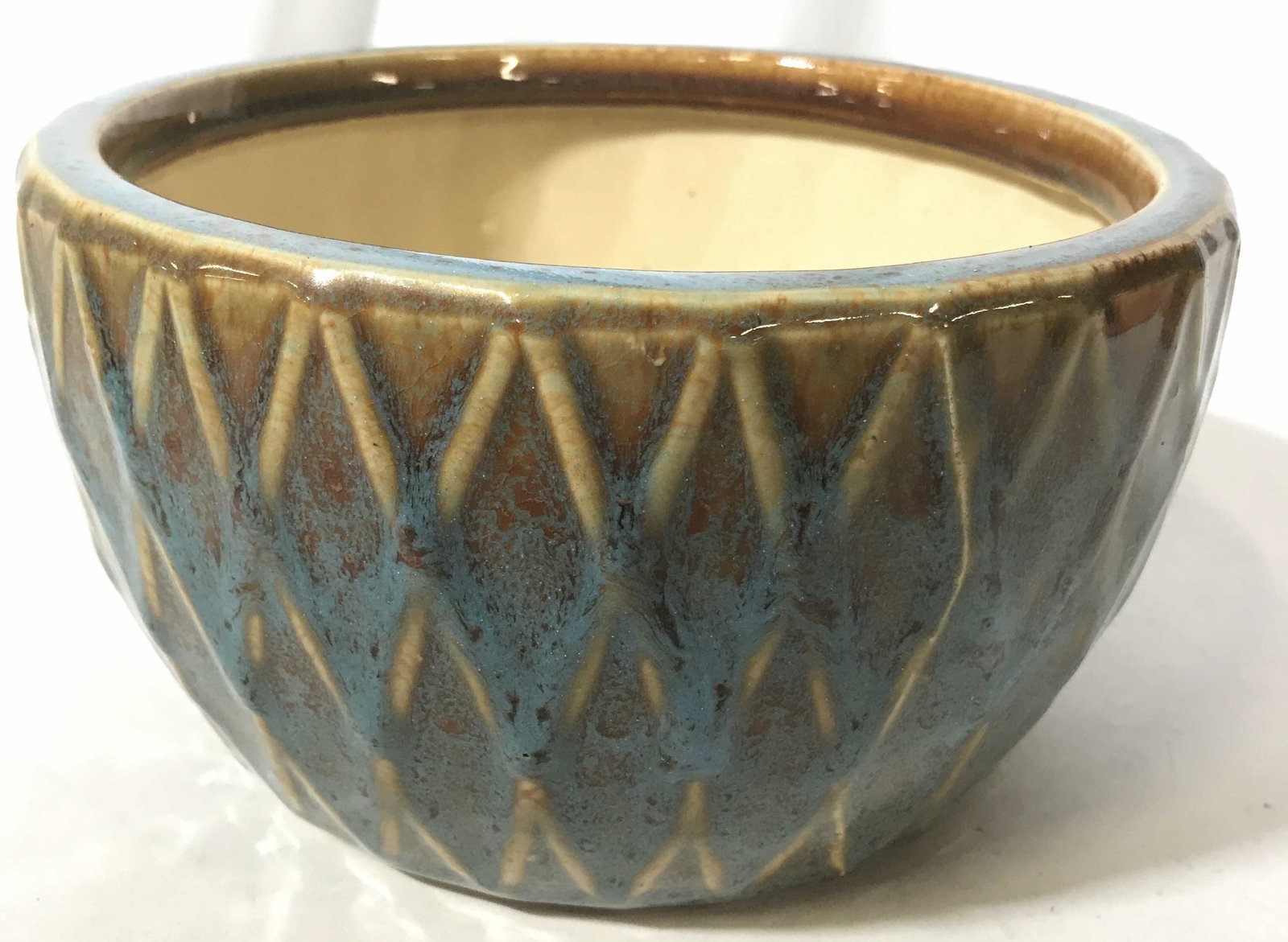 Vintage Glazed Ceramic Pottery Vessel: Vessel, vase, bowl, tableware, ceramic, pottery, hand crafted, aqua and amber toned, measures ht 5 inches diameter app 8 inches, collectible pottery, decorative arts, arts and crafts