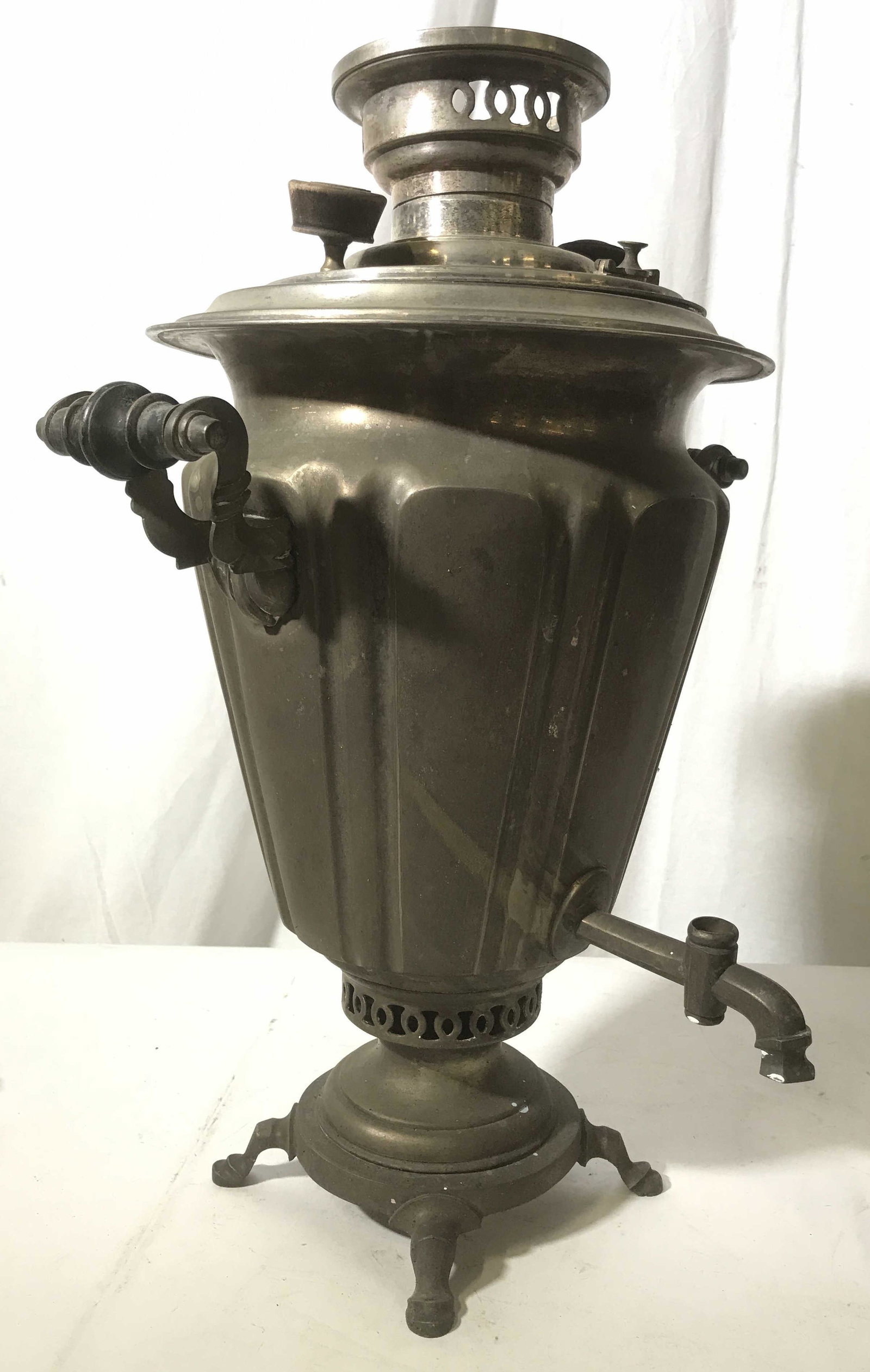 Trademarked Signed Metal Russian Samovar: Possibly brass, mixed metals, multiple trademarks, missing some parts, measures ht app 20 inches diameter app 15 inches Russian Samovar, Tea Utensil, Russian Tea Pot, Russian Kitchenware, Self Boiler,