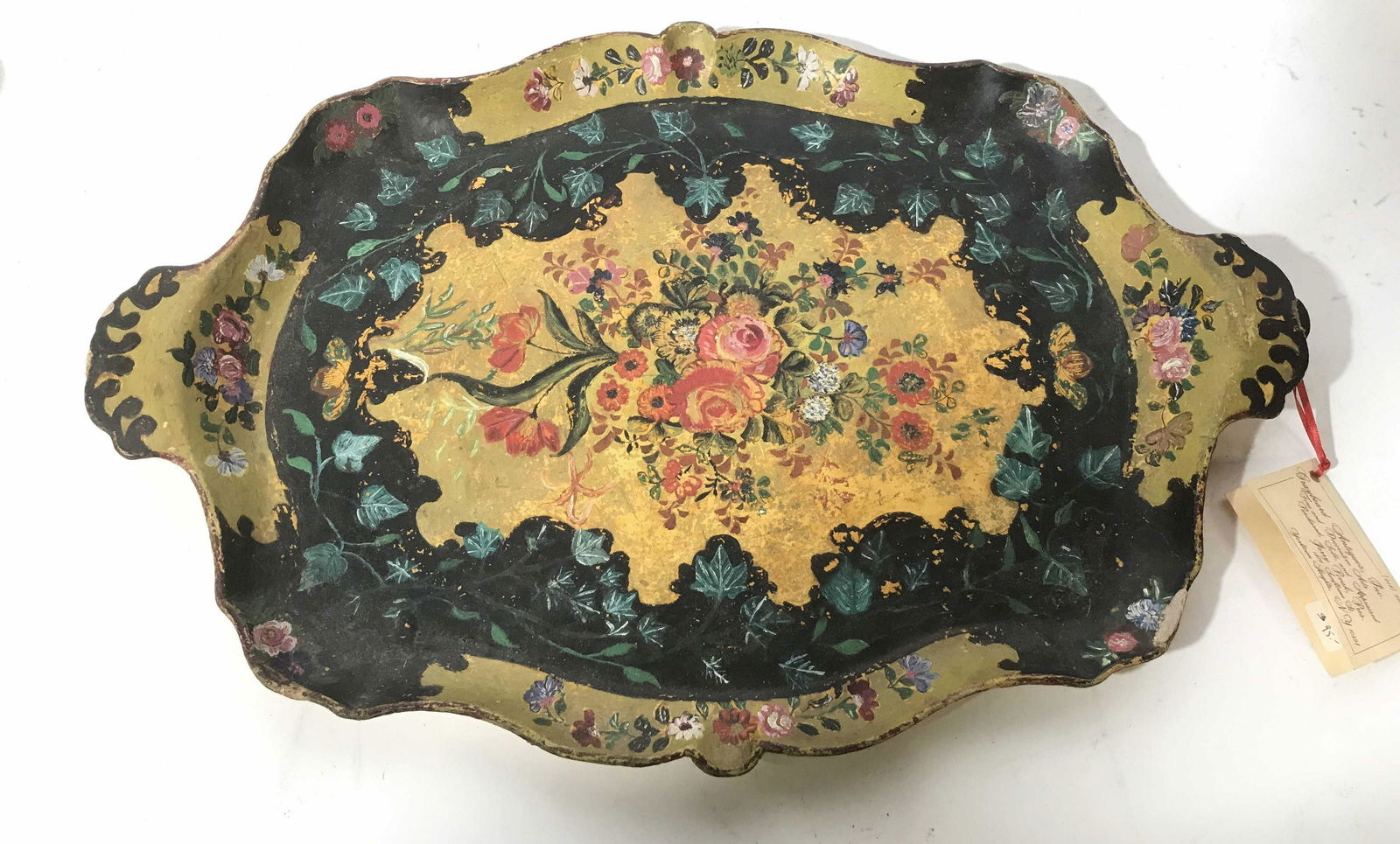 Antique Hand Painted Paper Mache Tray: Label from antique store still attached reads paper Mache Hand painted Rococo design oriental Serving Tray with Polychromed floral design, 22 inches long 15 inches width, decorative arts, Asian arts a