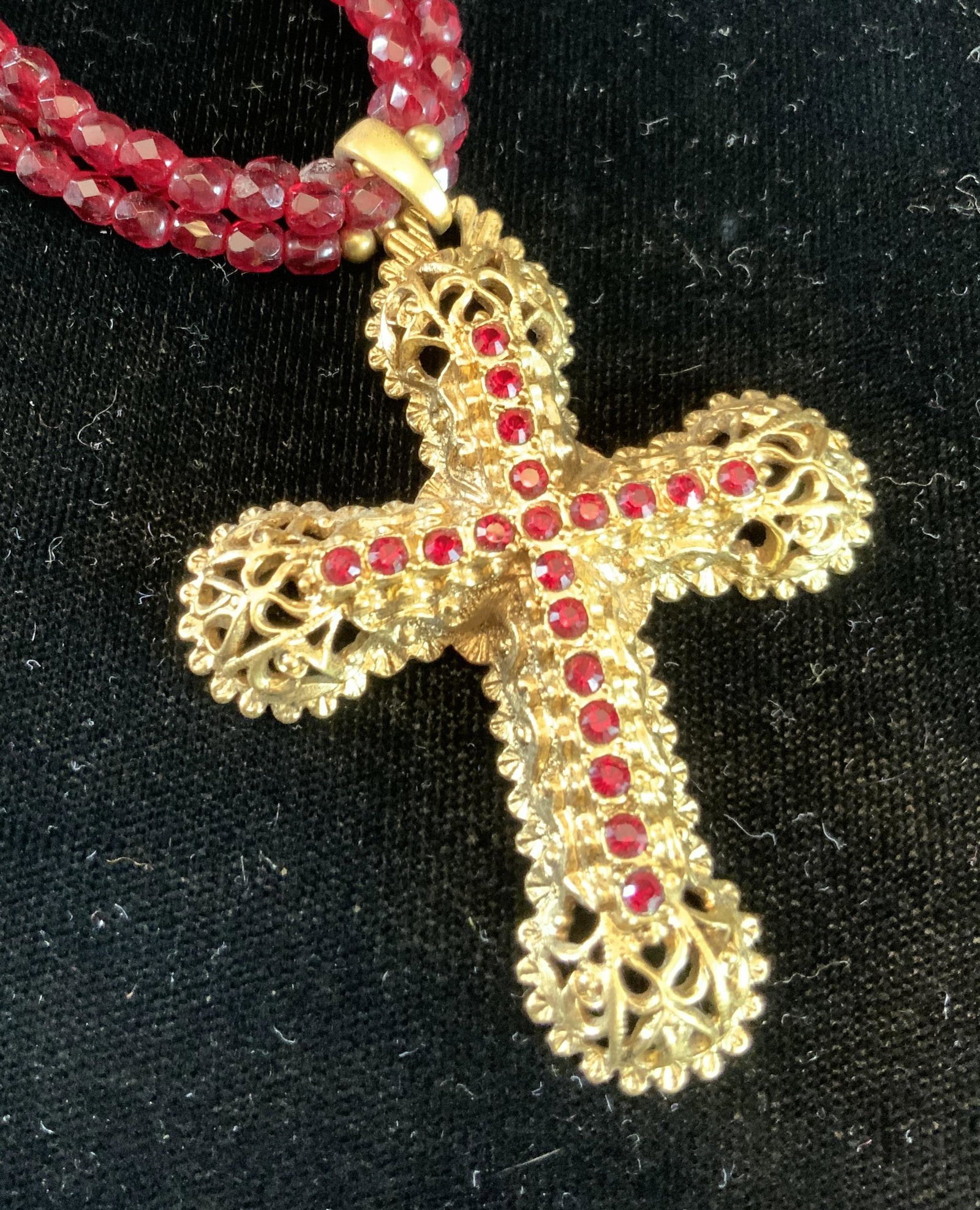 Vintage KJL Garnet Toned Bead Necklace w Cross: Gold toned filligreed cross pendant measures 2.5 inches by 1.75 inches on multi strand bead necklace, drop to cross adjustable from 8 inches, Kenneth j Lane Vintage jewelry, costume jewelry, estate je