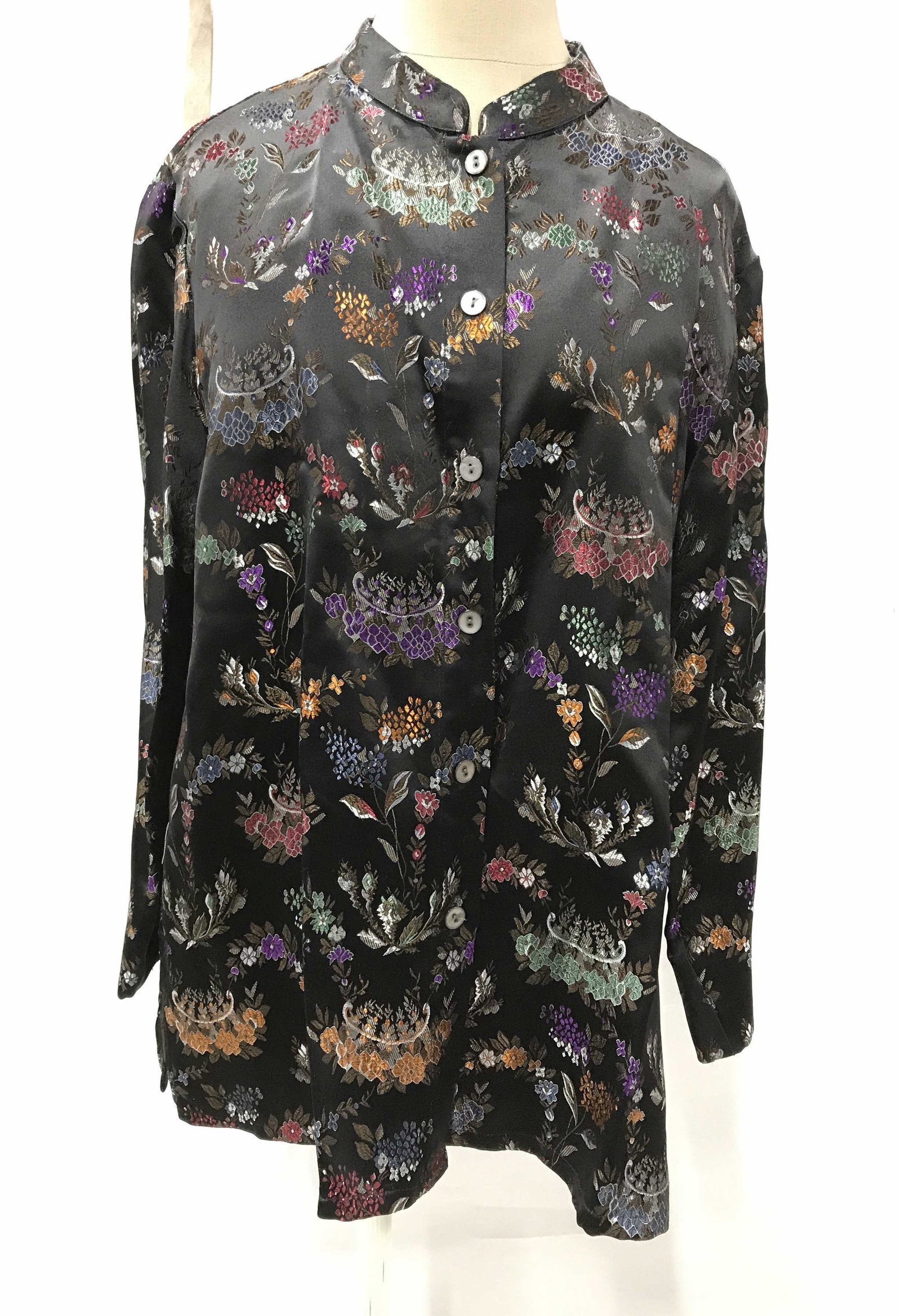 YI LIN Floral Blouse: Vintage Yi Lin black floral button up blouse with purple, red, orange and green floral detailing. Size medium. Vintage floral, asian fashion, vintage fashion, vintage blouse, floral blouse, vintage fl