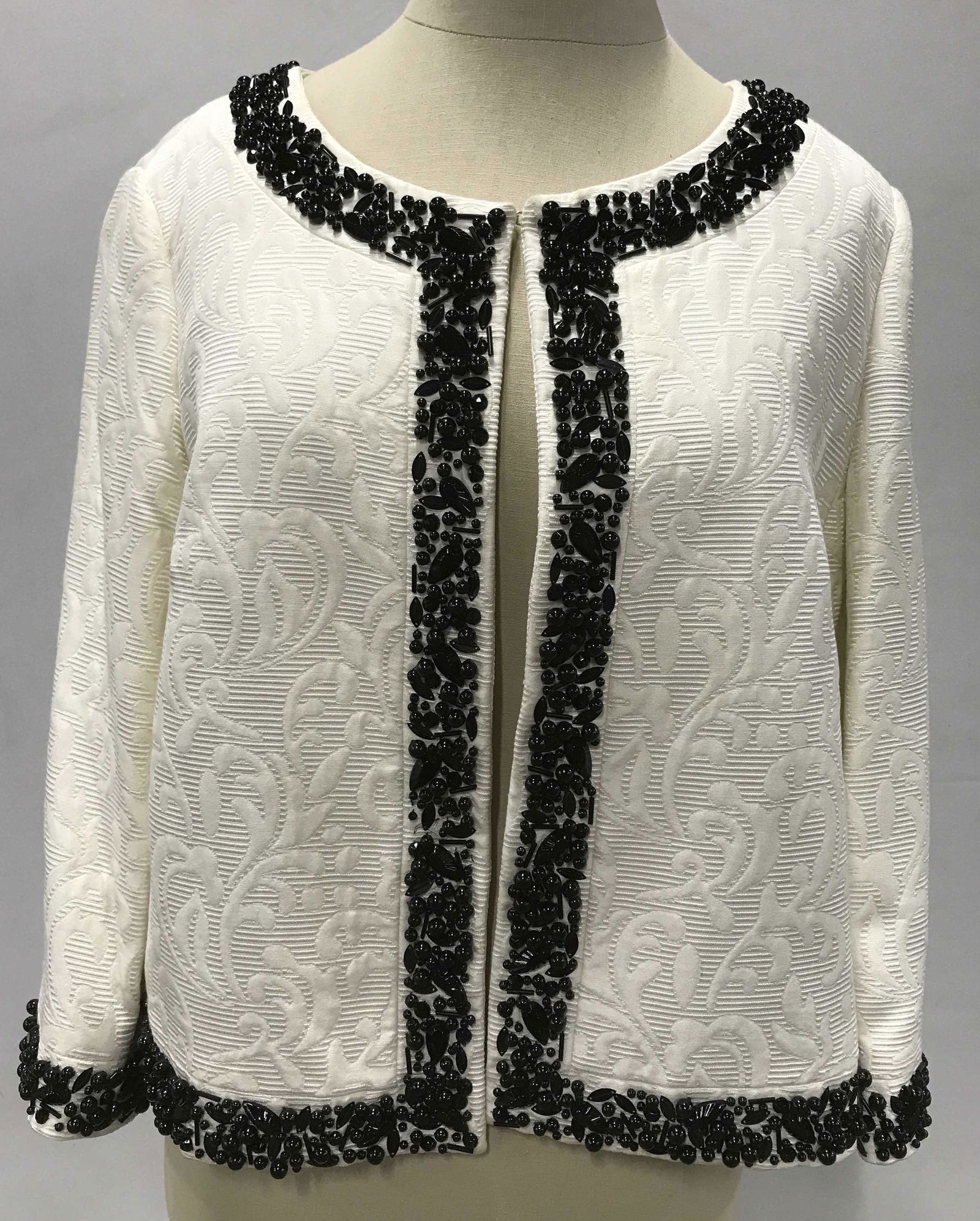TALBOTS Pearl Toned Jacket: vintage pearl toned jacket with floral textured print and black beaded trim. Jacket size 10. Beaded jacket, vintage jacket, beaded trim, jacket, vintage coat, business attire, white jacket, white coat