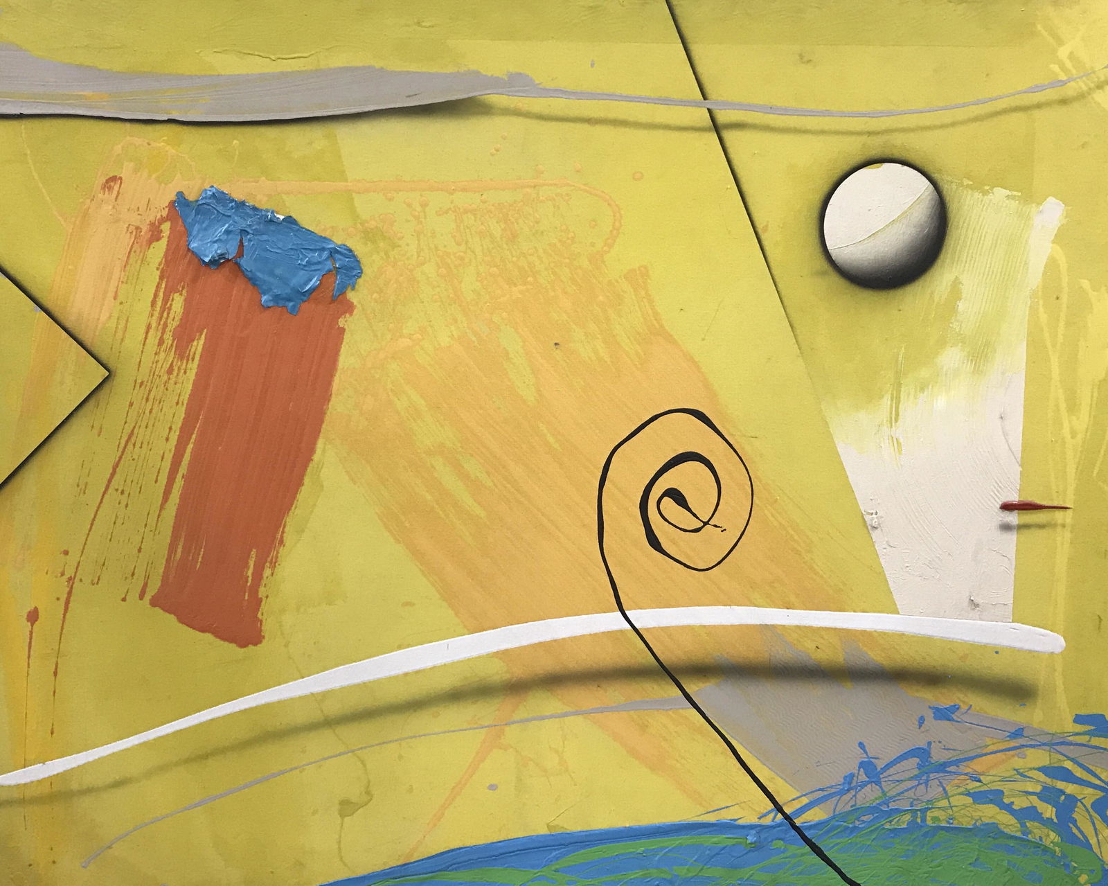 Oversized Abstract Acrylic on Canvas, Yellow: Oversized Canvas, 6 ft. x 56 in. depth app 1.5 in. Base color yellow, depicting square & moon circle in a spray paint shadow, oversized orange brush strokes with impasto painted plaster ( possibly), s