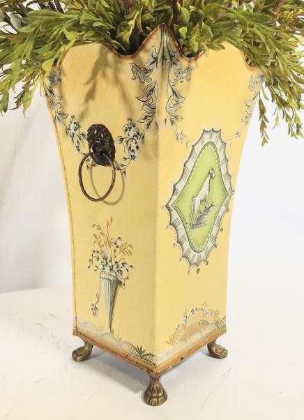 Lion Griffin & Footed Toleware Decor Vase: French Style Tole Square Vessel, Bright yellow paint with garden motif, lamb pictorials and lion griffin rings. Bronzed Lion Feet. Faux pussy willow bundle accompany vase. Vase measures 15 x7 in. Add 