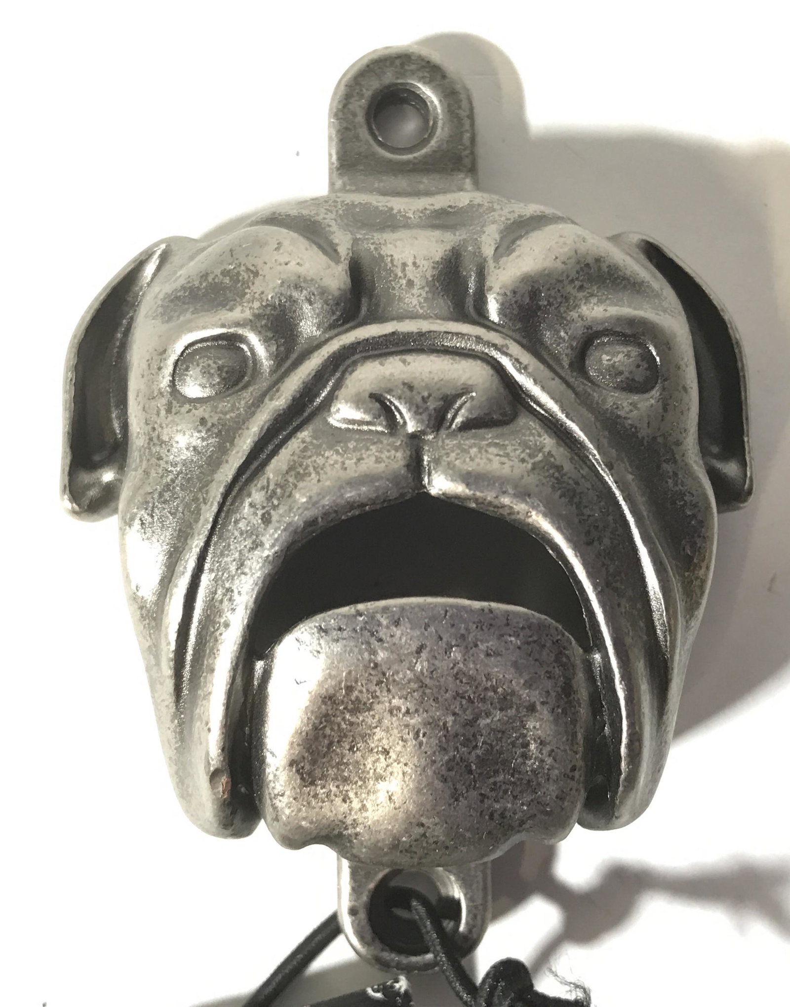 Williams Sonoma Wall-mounted Bulldog Bottle Opener: Barware, home accent, silver toned metal, label on piece reads Williams-Sonoma