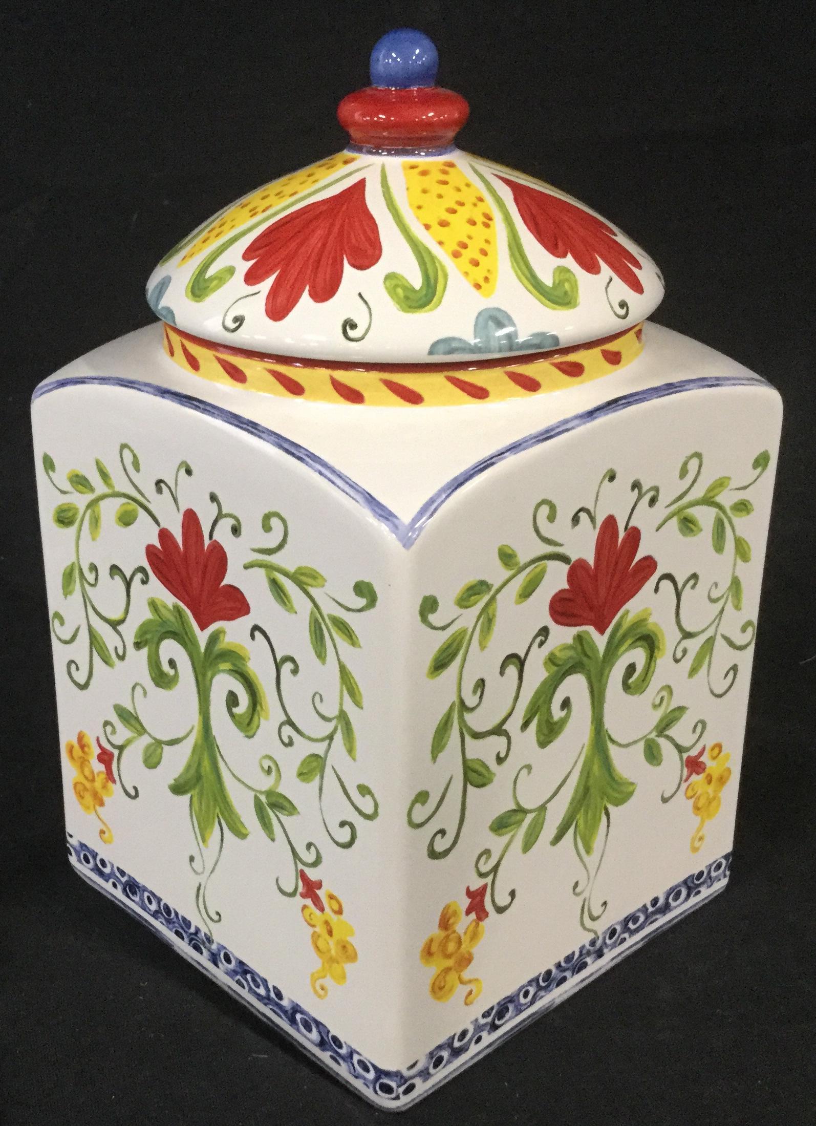 Floral Painted Ceramic Ginger Jar: Hand painted glazed ceramic porcelain ginger jar. Decorative interior kitchen decor. Multipurpose with arts and crafts style floral detailing. Rectangular shape body measures 6 and one half inches fro