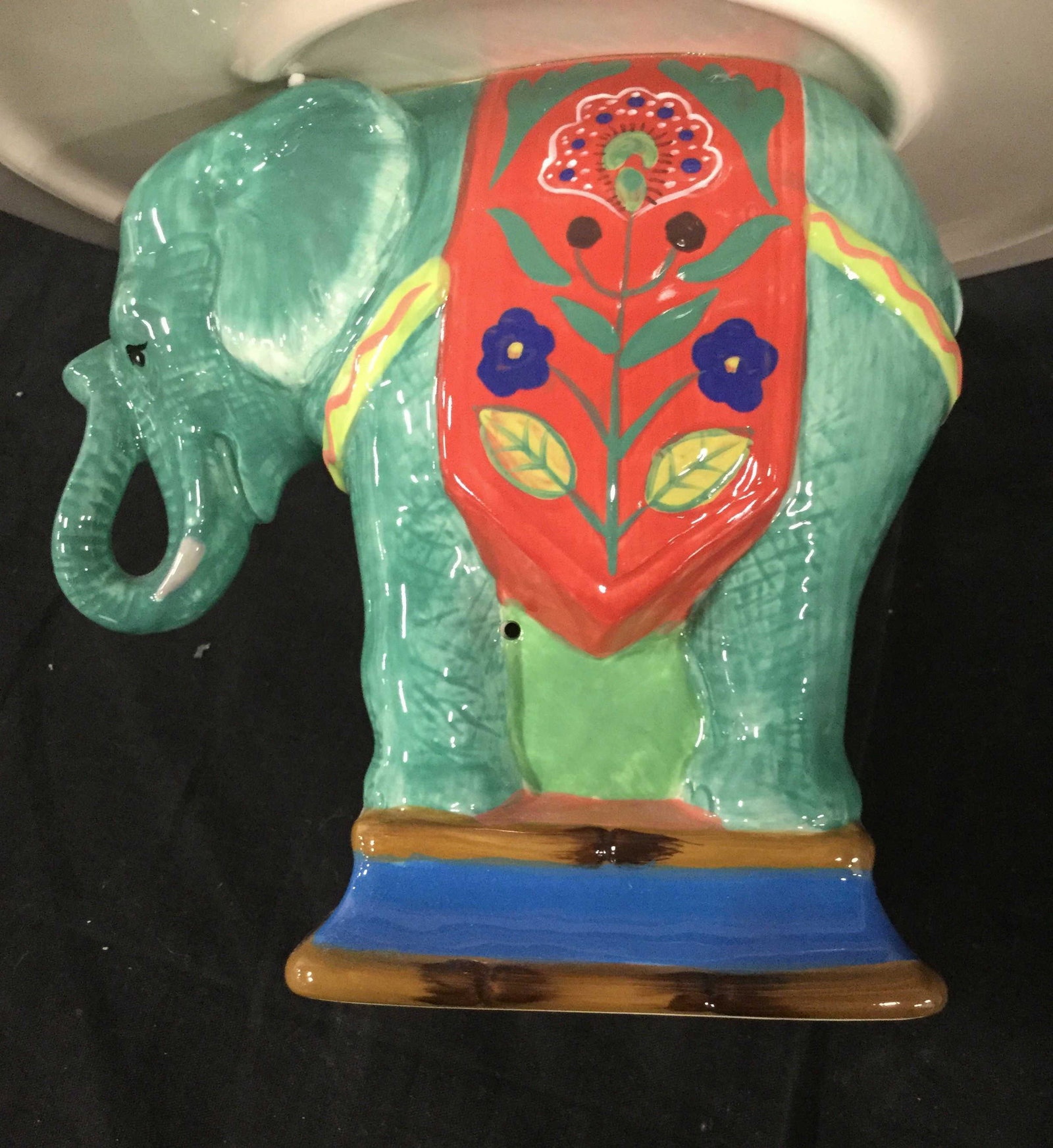 Painted CERAMIC Elephant cake pedestal: Painted ceramic cake pedestal elephant base. Decorative and functional table top kitchen accessory. Plate of the pedestal features a floral print and edges painted and shaped to look like bamboo. Cert
