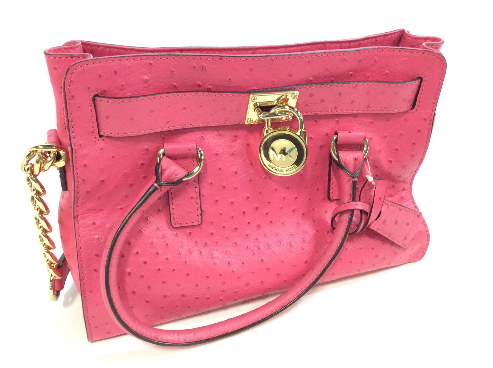 Michael Kors Hamilton Satchel Handbag, New: Watermelon Embossed Leather Bag, 13in. L x 5 in. W x 9 in. H. Hand handle and shoulder strap with partial gold tone link chain , hangs app 10 in. Logo Lock accents front with key ( never detached), wi