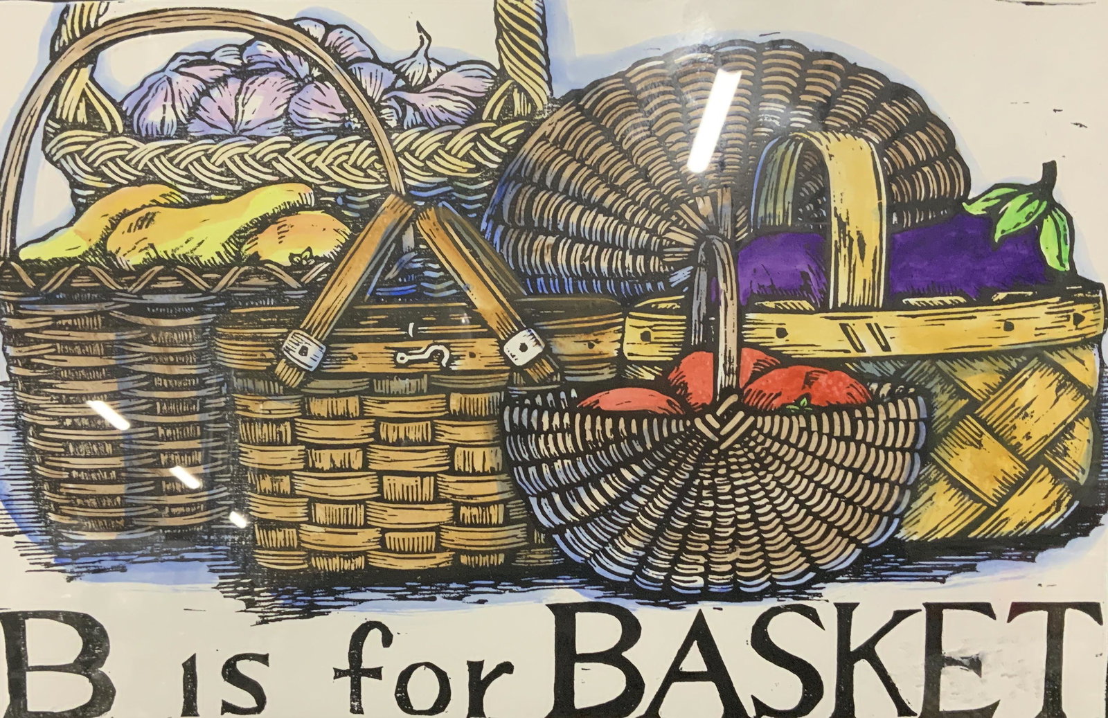 Hand Colored Engraving: Hand painted watercolor engraving, medieval style engraving, with bright colorful palette, Alphabet poster series this poster being B is for Basket, no apparent signature, not examined out of frame, b