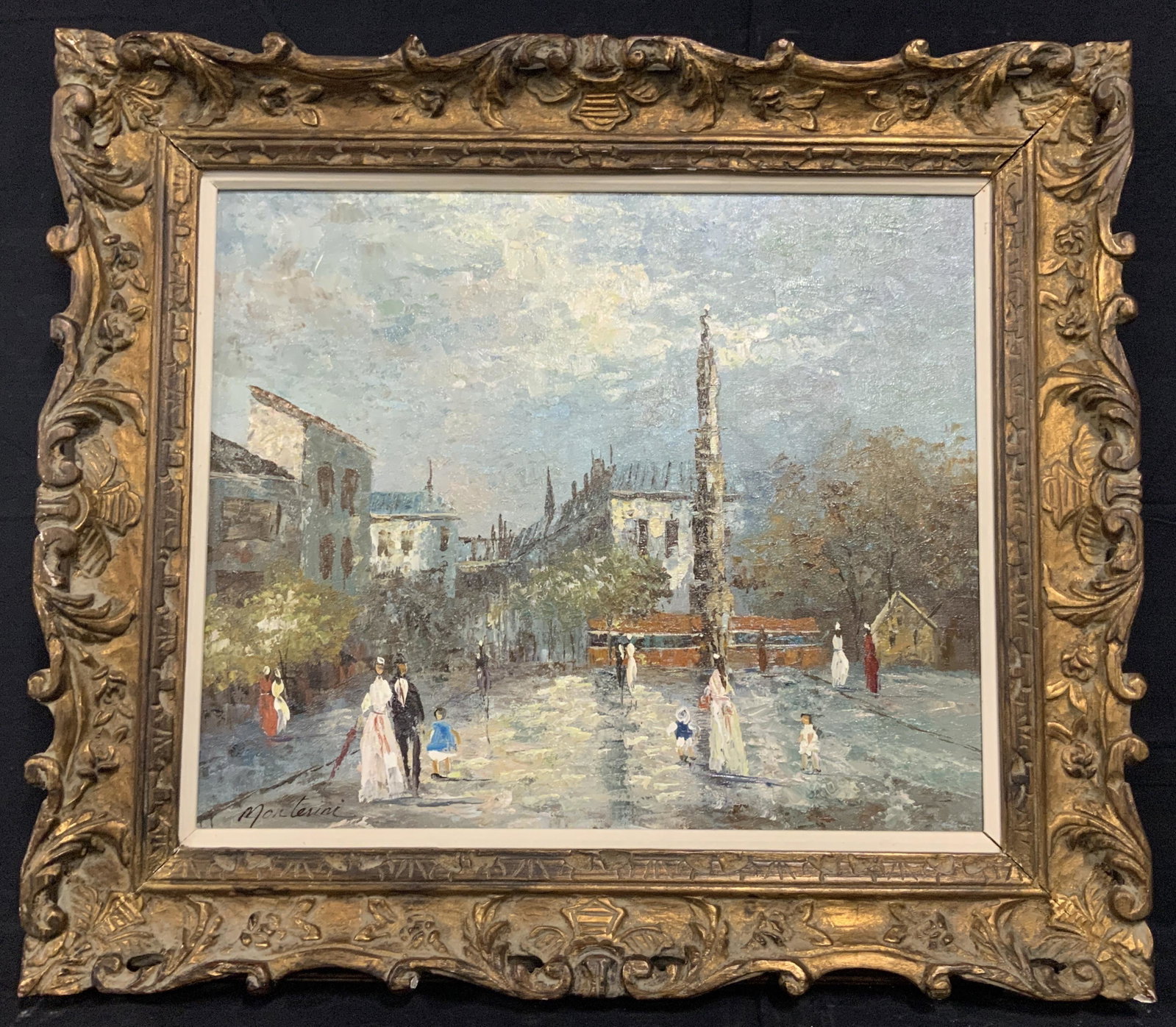 Signed Oil on Canvas Painting, Monterini: Signed Oil on Canvas Painting, in a Impressionist style, subject depicts a Parisian street, impasto brush strokes, abstract expressionist style figure work, blue and white color palette with red and g