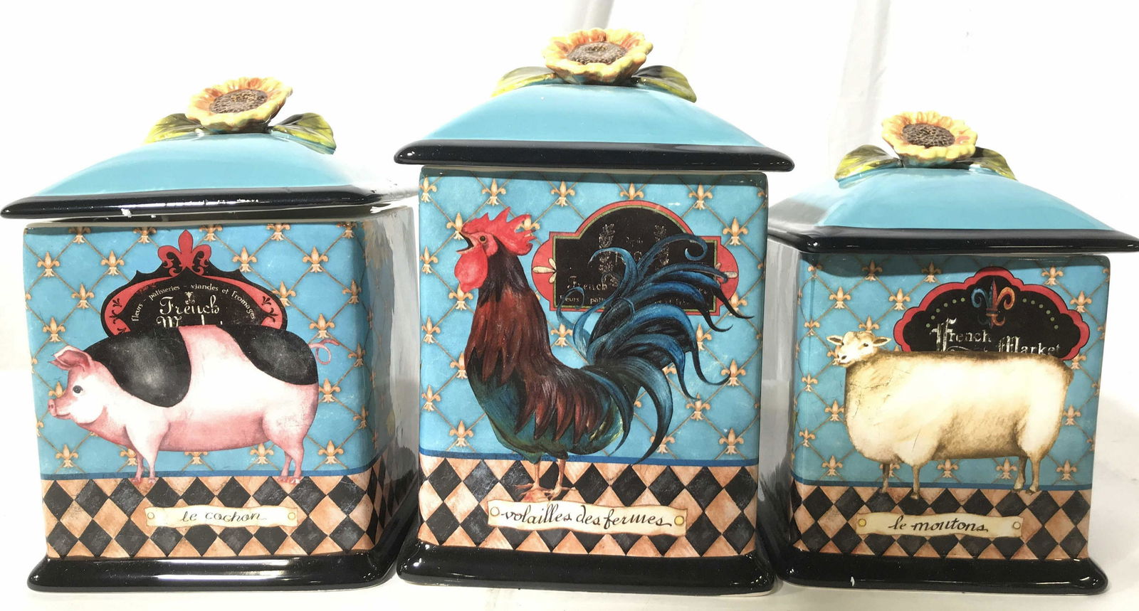 Set 3 Ceramic Farm Animal Cannisters: New old stock ceramic cannisters with cow, rooster and pig, sun flower finials, colorful kitchen ware, table decor, never used from Westchester Ceramics Store, tallest measures ht app 11 inches Home a