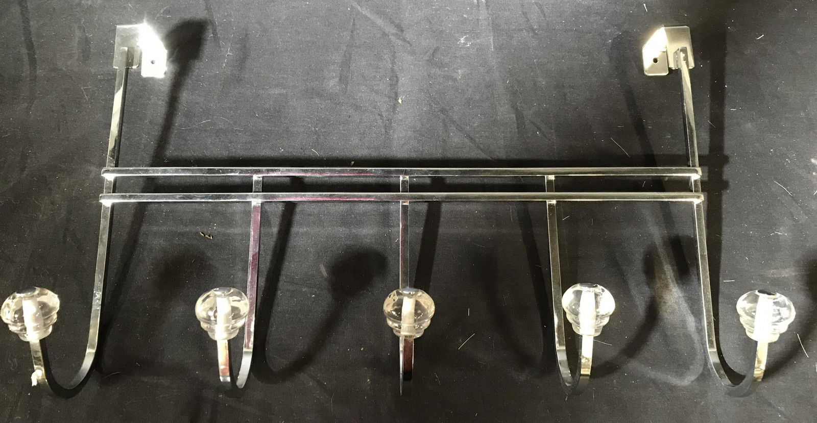 Chrome over door Coat Rack with Hooks: Hooks and knobs, length app 18 inches ht 11 inches Coat rack, hat rack, scarf storage, towel bar, home accent and furnishings