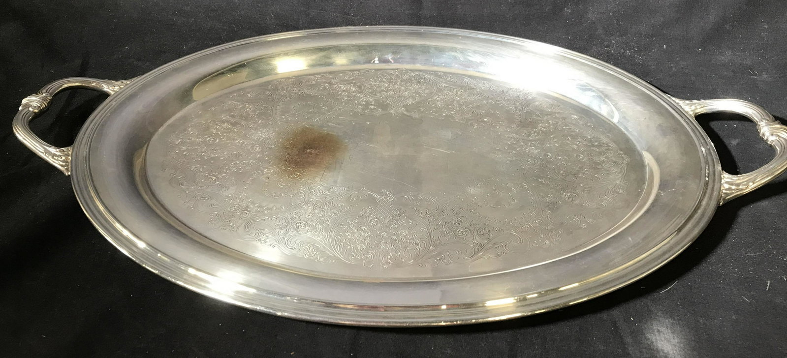 Etched Silver Plate Tray marked Concord: Double handled weighty tray with etched pattern, felt dust protector, on underside reads concord and more illegible, measures length 24 inches by 16 inches, tray, platter, serveware, table ware